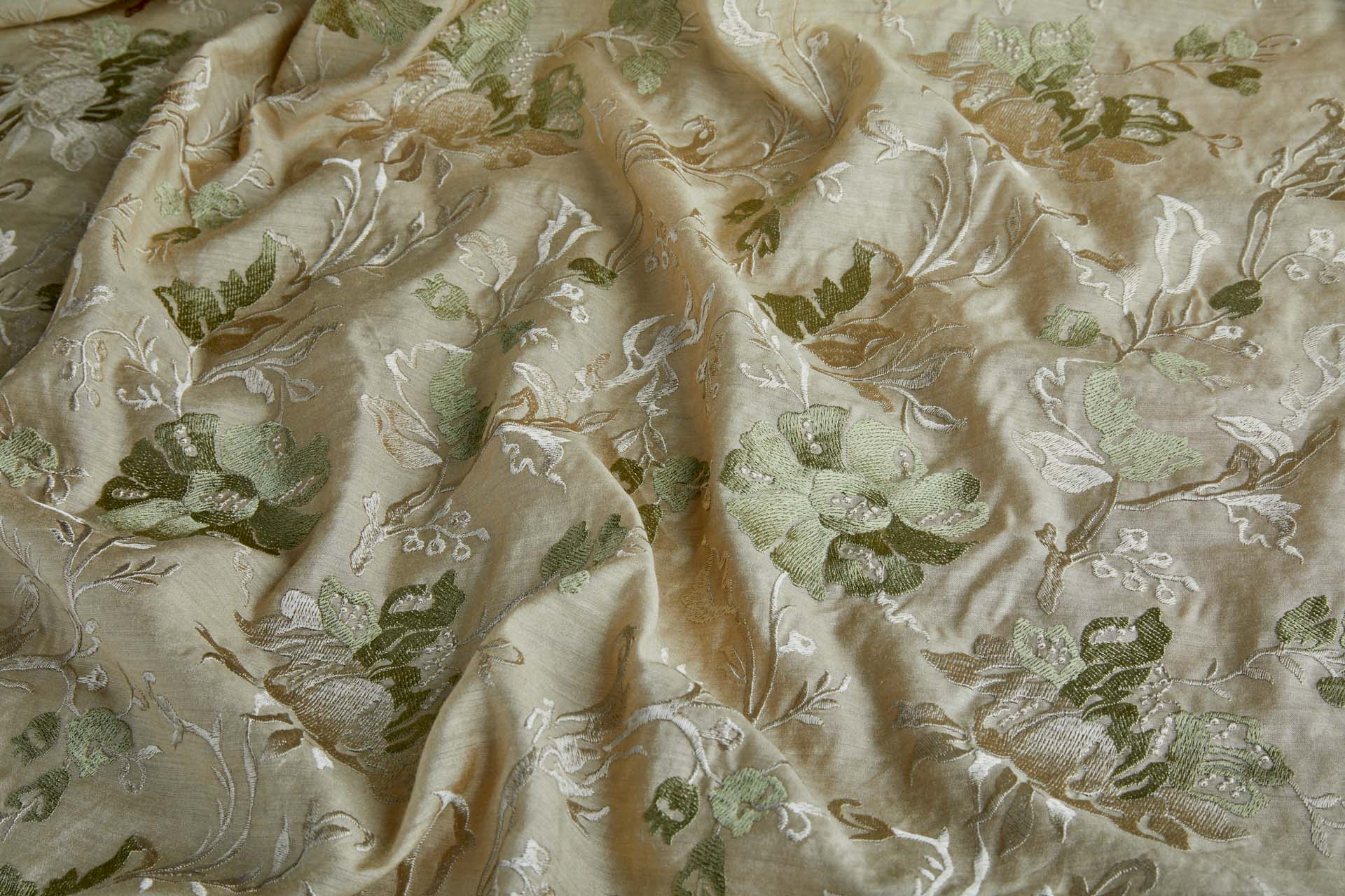 Embroidered Large Flowers on Sandy Yellow Silk Tassar / Tussah fabric, image 4 of 9