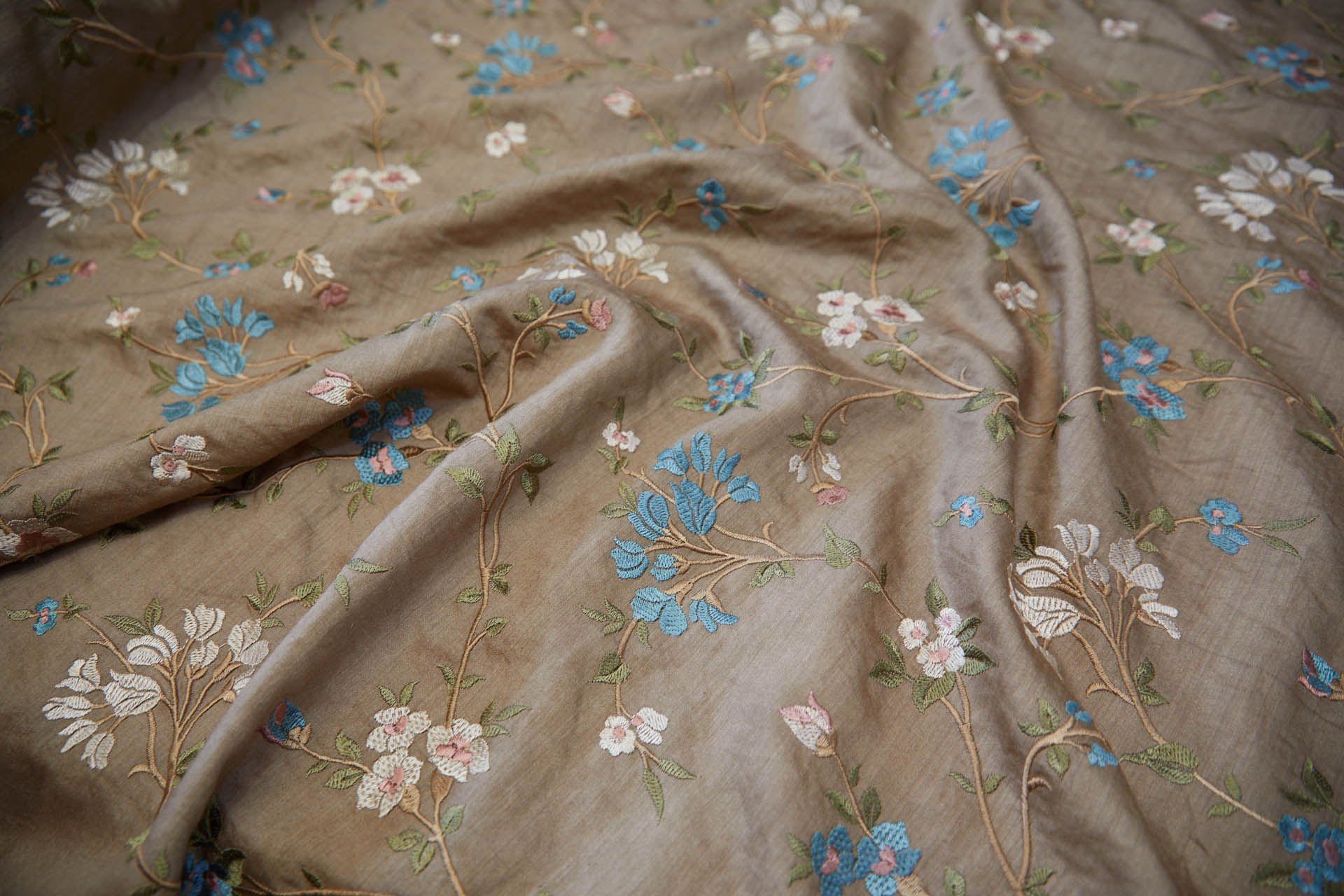 Embroidered Flowers on Mushroom Silk Tassar / Tussah fabric, image 2 of 10