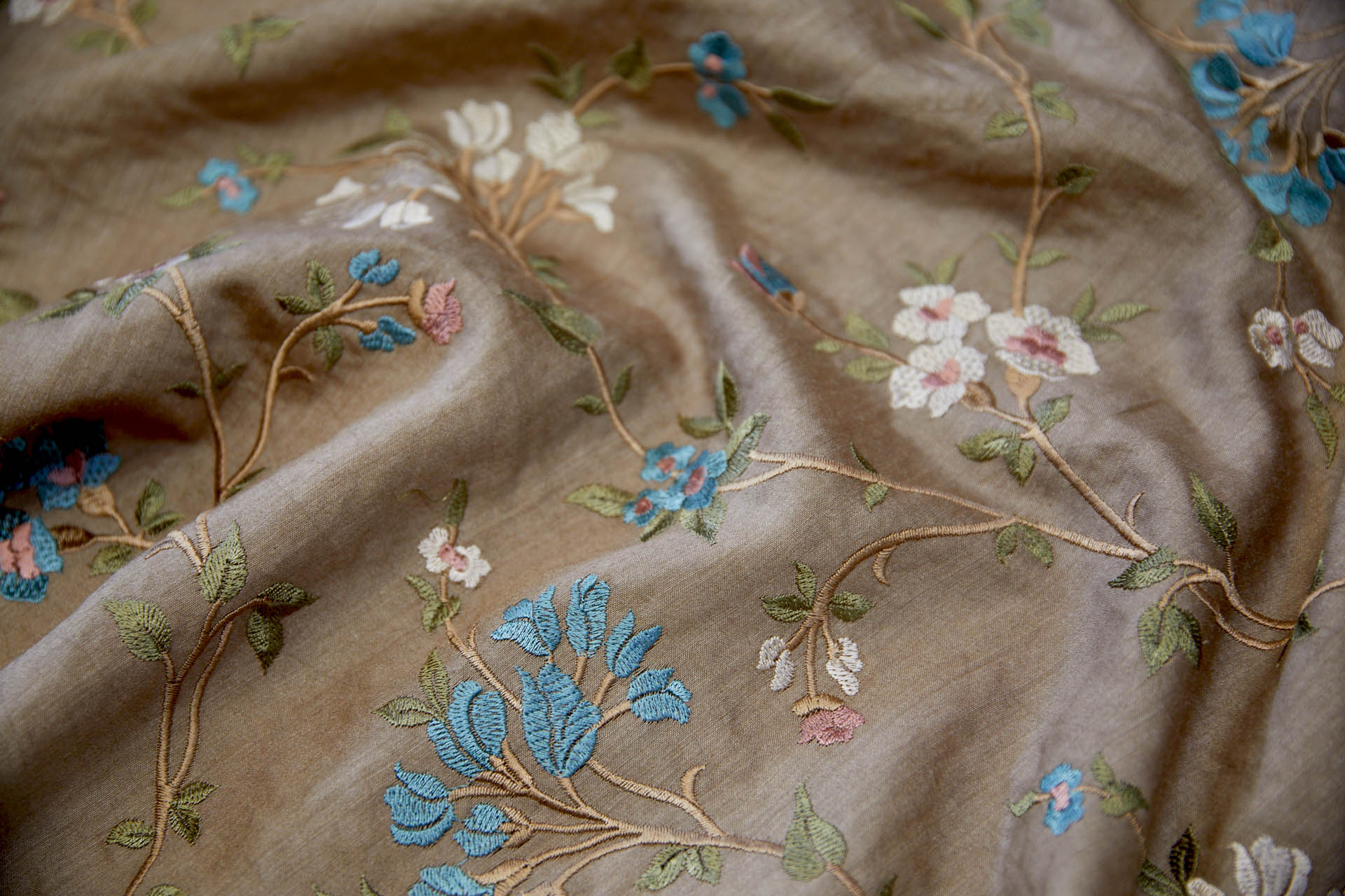 Embroidered Flowers on Mushroom Silk Tassar / Tussah fabric