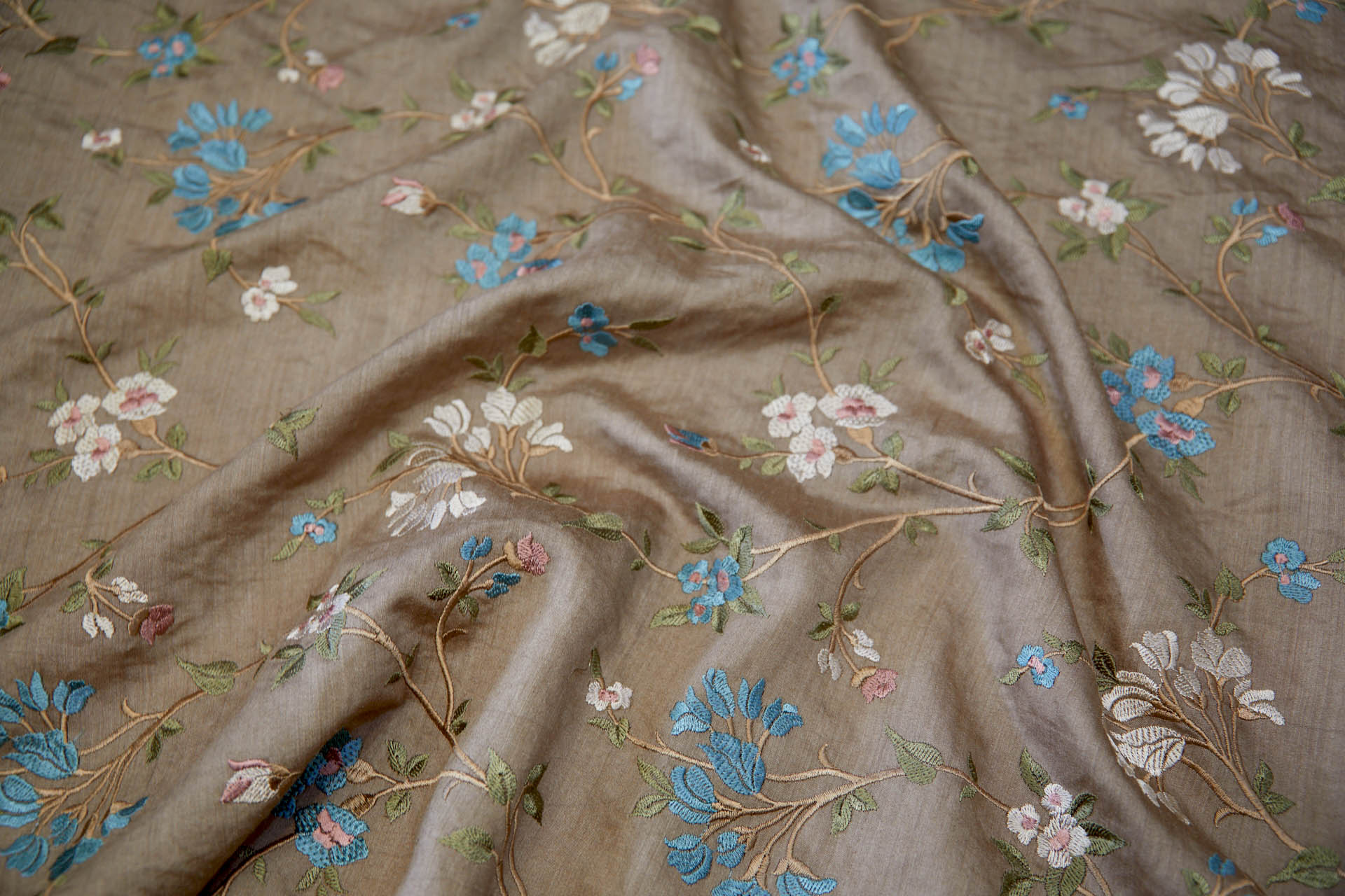 Embroidered Flowers on Mushroom Silk Tassar / Tussah fabric, image 4 of 10
