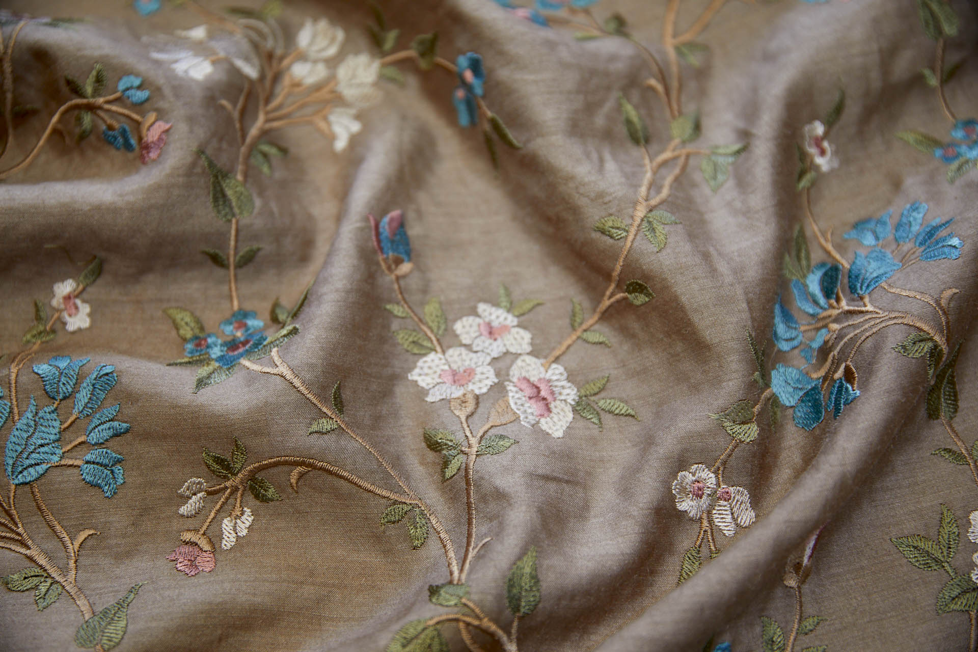 Embroidered Flowers on Mushroom Silk Tassar / Tussah fabric, image 5 of 10