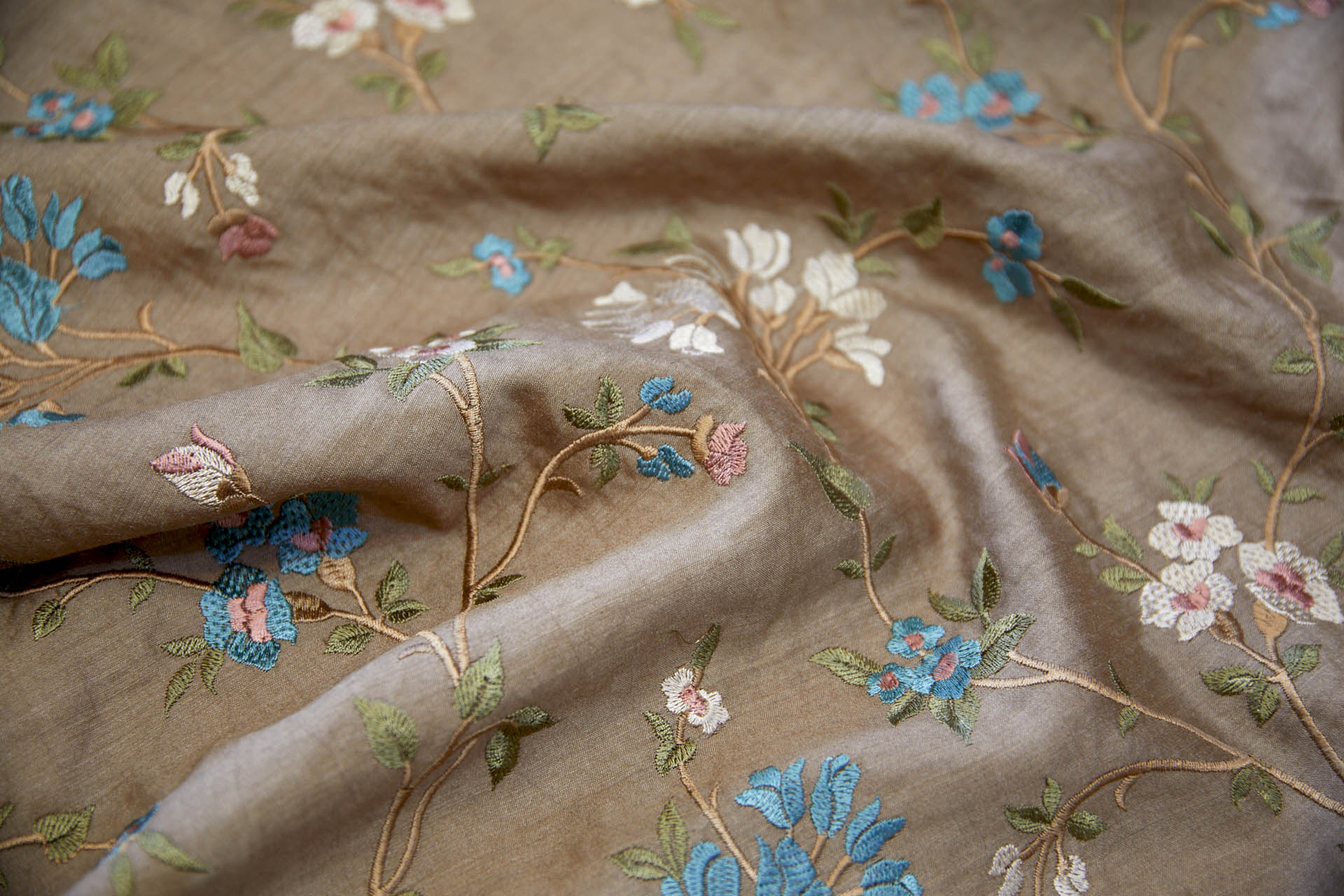 Embroidered Flowers on Mushroom Silk Tassar / Tussah fabric, image 6 of 10