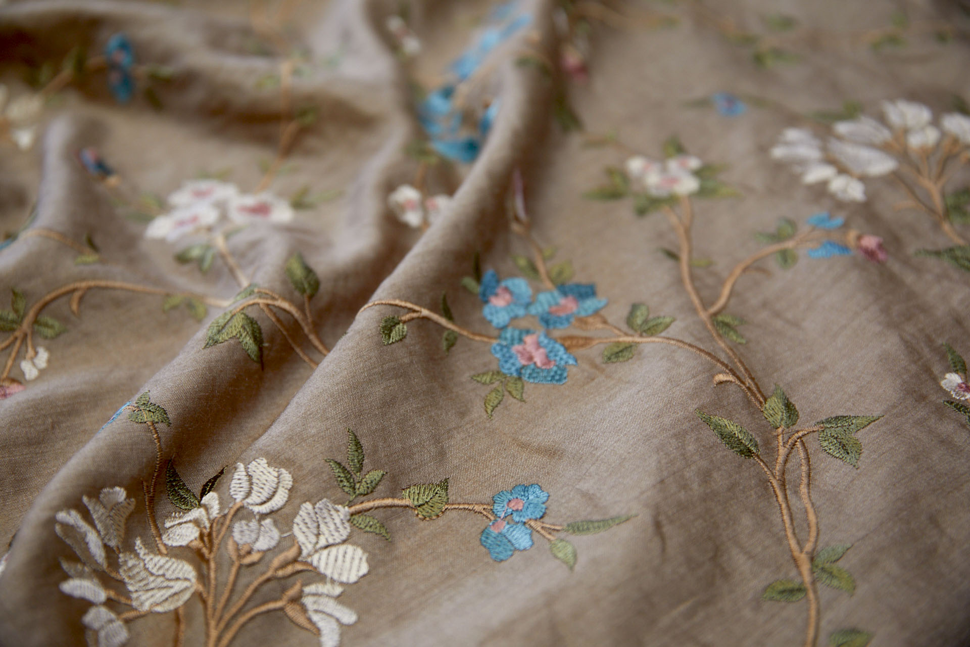 Embroidered Flowers on Mushroom Silk Tassar / Tussah fabric, image 7 of 10