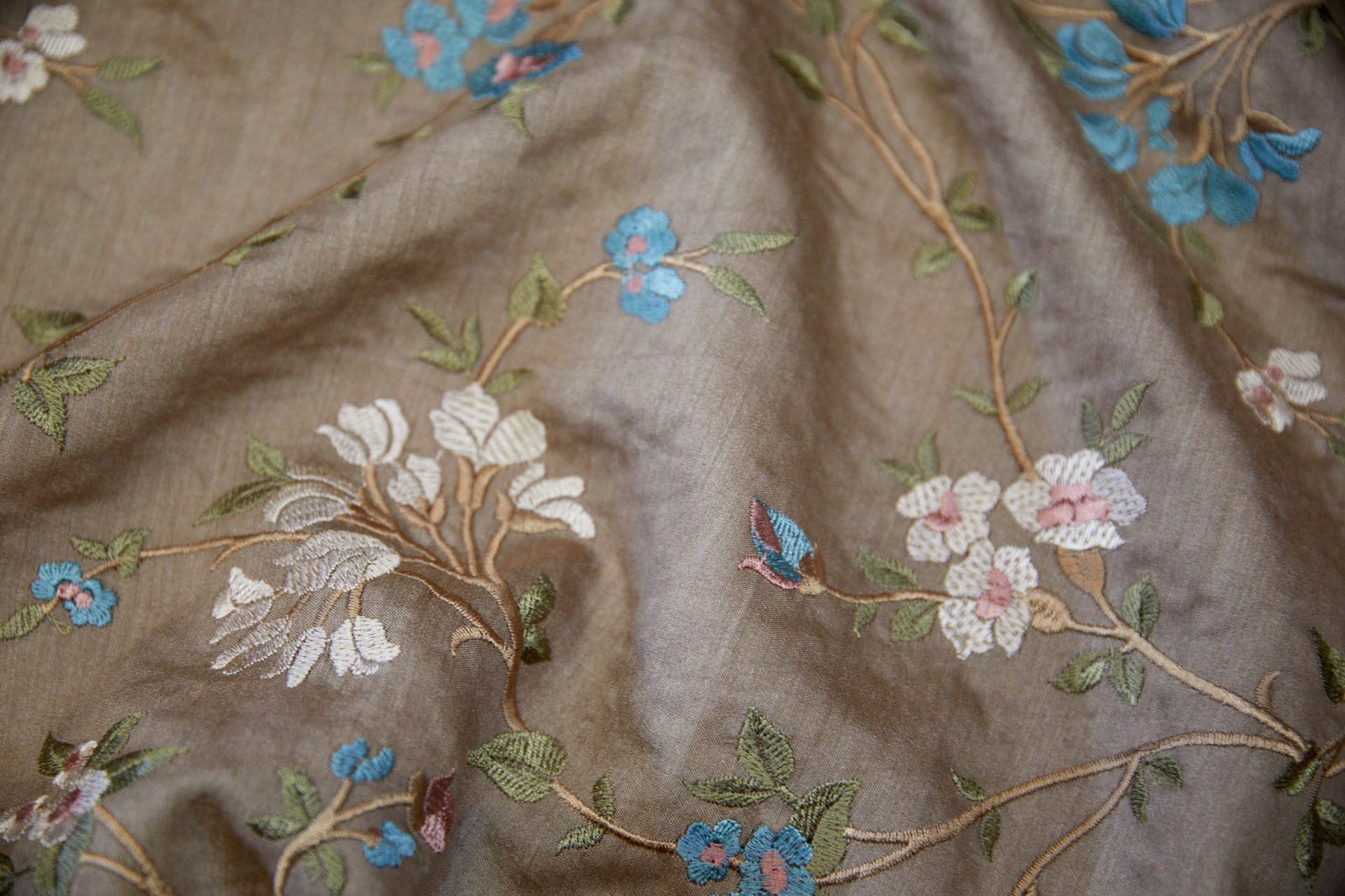 Embroidered Flowers on Mushroom Silk Tassar / Tussah fabric, image 3 of 10