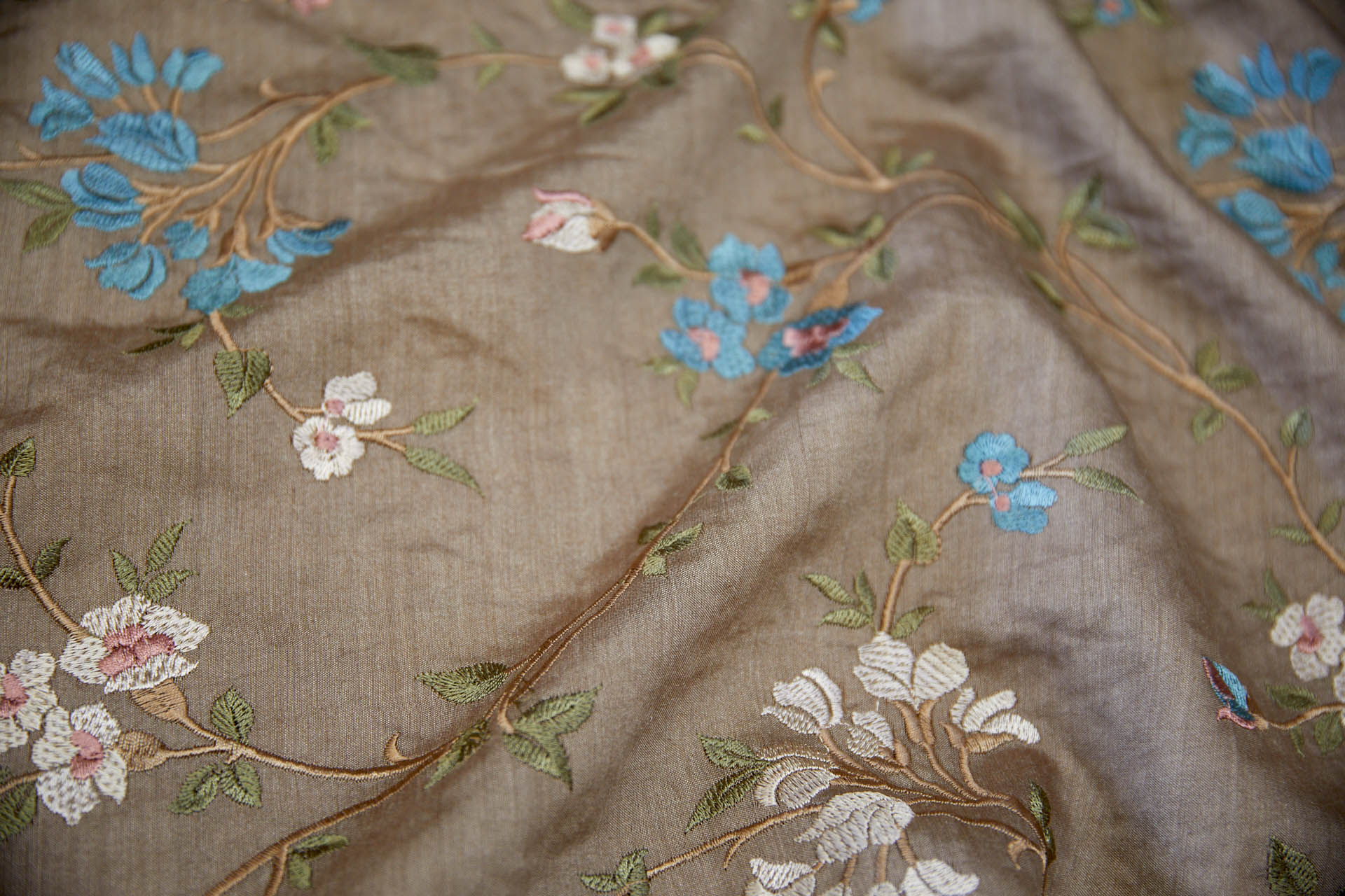 Embroidered Flowers on Mushroom Silk Tassar / Tussah fabric, image 8 of 10