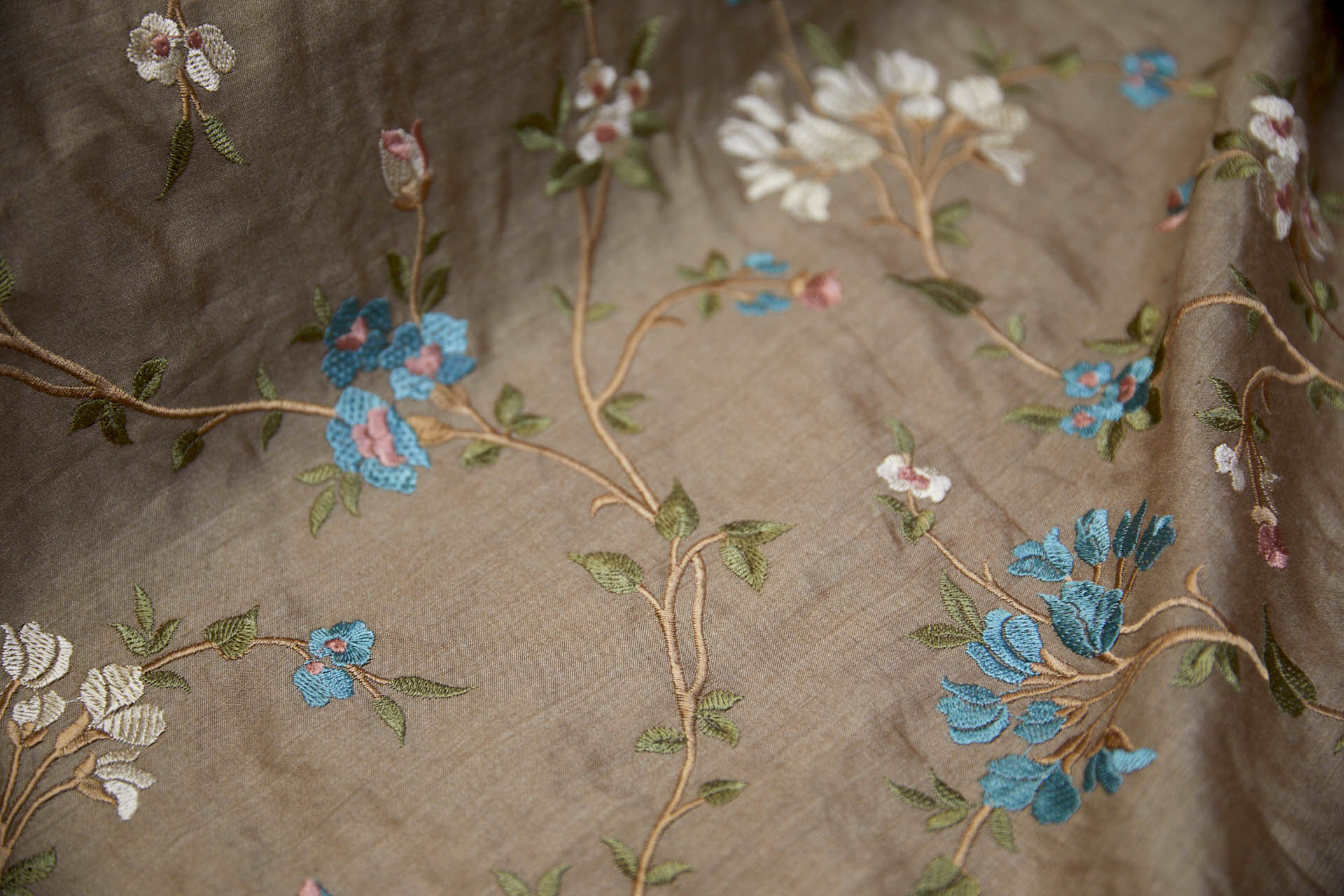 Embroidered Flowers on Mushroom Silk Tassar / Tussah fabric, image 9 of 10