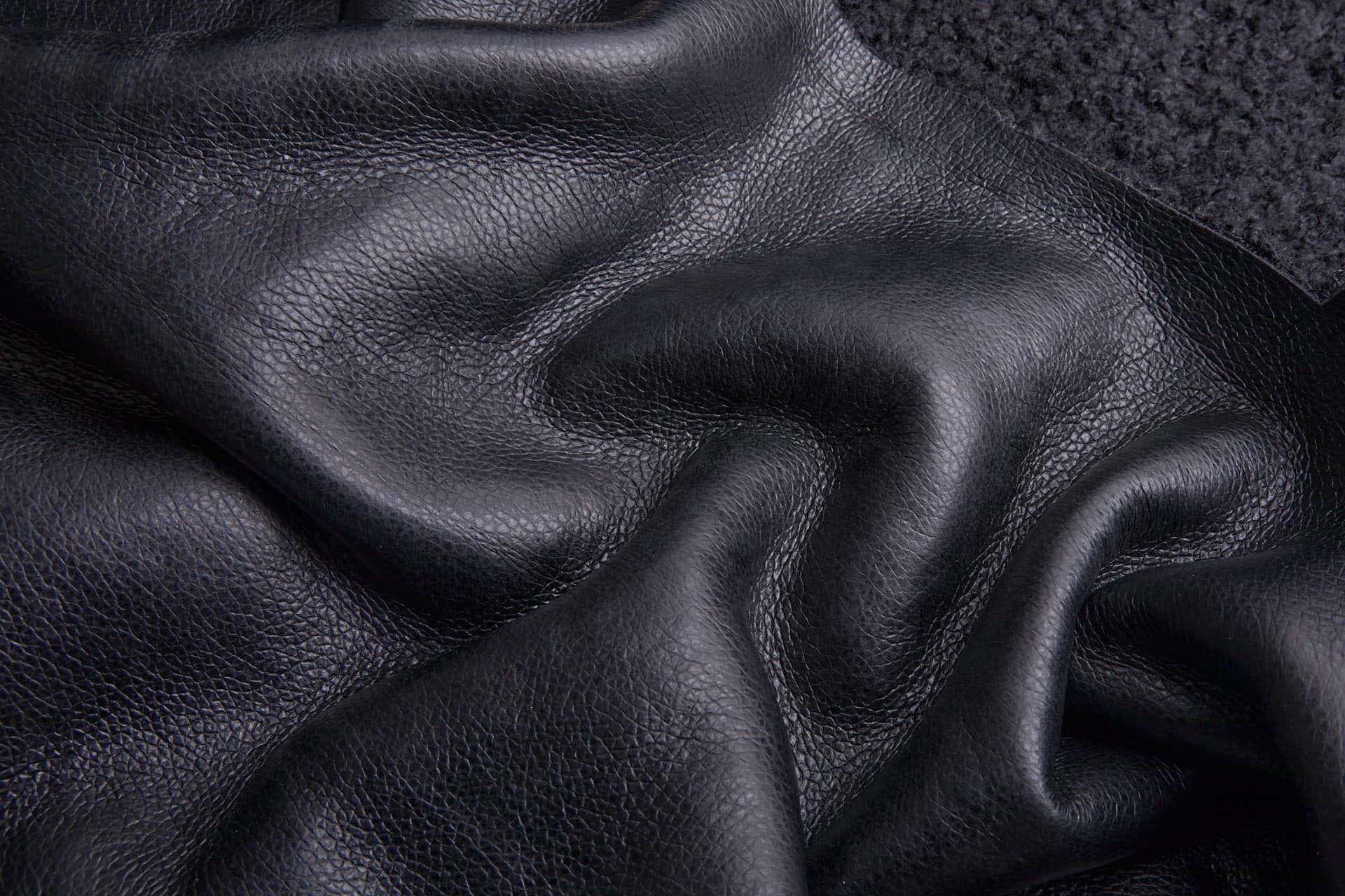 Shearling Faux Fur Backed Leatherette - Black on Black fabric, image 2 of 7