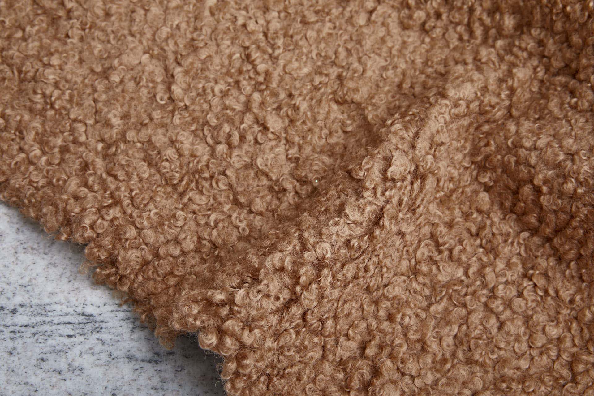 Shearling Faux Fur Backed Leatherette - Camel on Black fabric, image 6 of 7