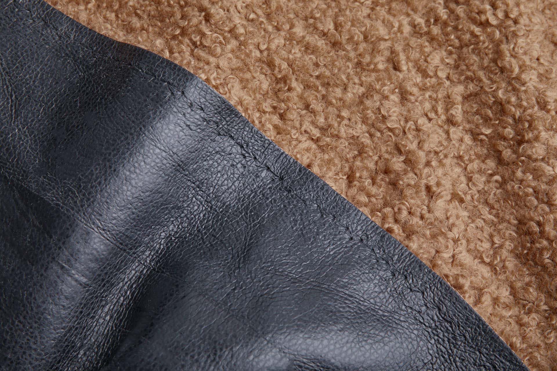Shearling Faux Fur Backed Leatherette - Camel on Black fabric