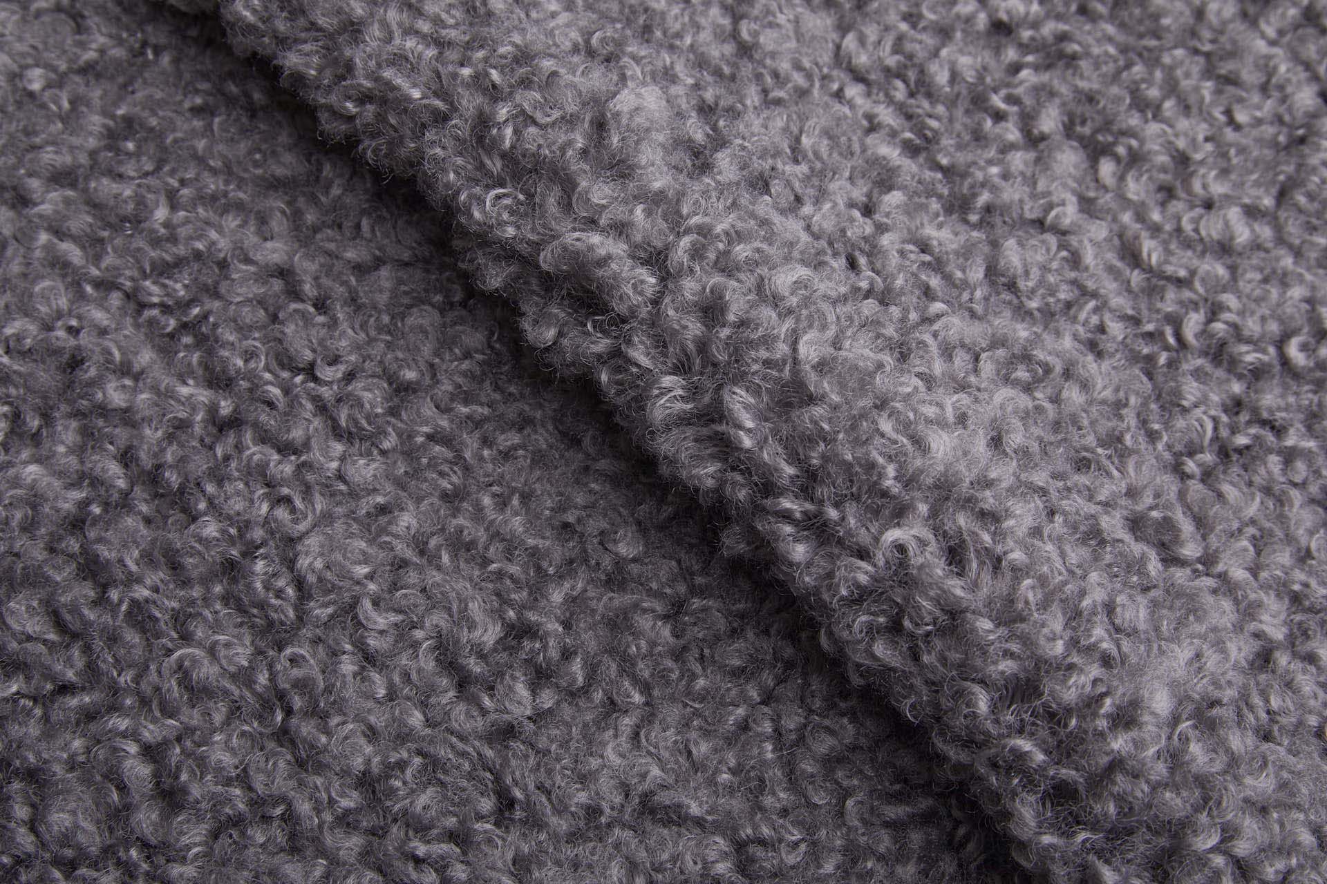 Shearling Faux Fur Backed Leatherette - Gunmetal Grey on Black fabric, image 2 of 7