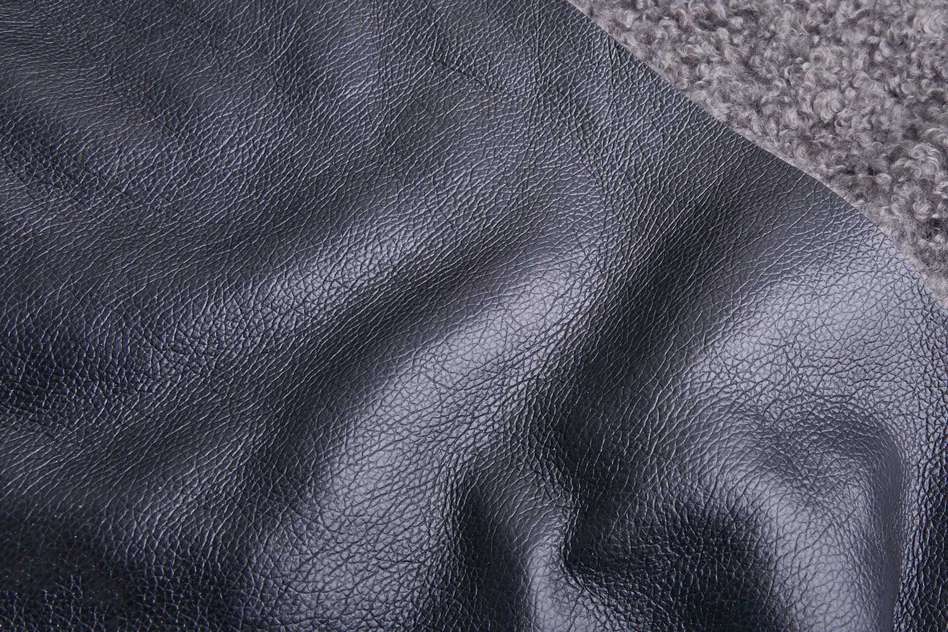 Shearling Faux Fur Backed Leatherette - Gunmetal Grey on Black fabric, image 5 of 7