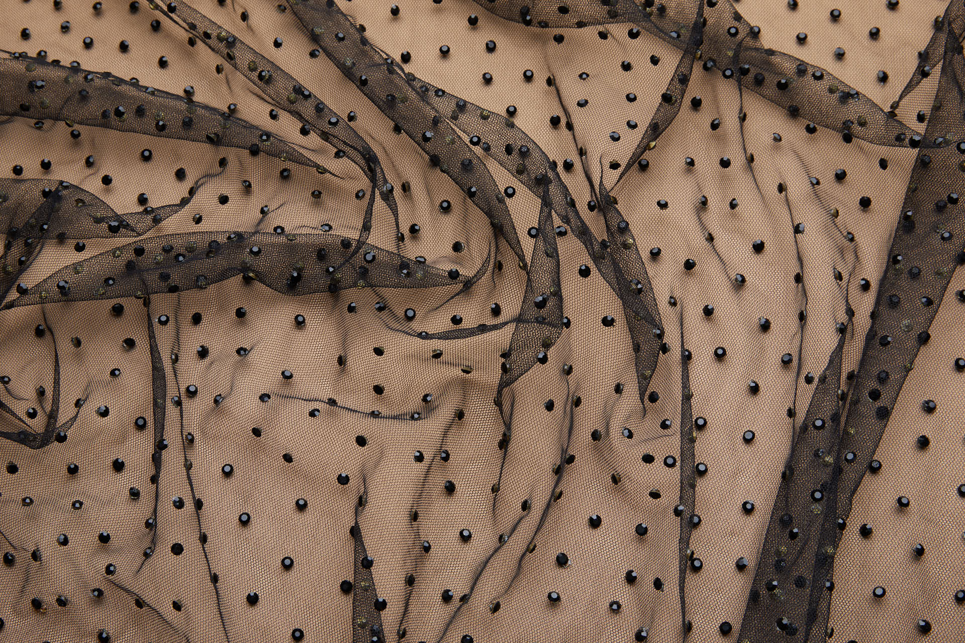 Faceted Black Crystals on Black Nylon Tulle fabric, image 4 of 9