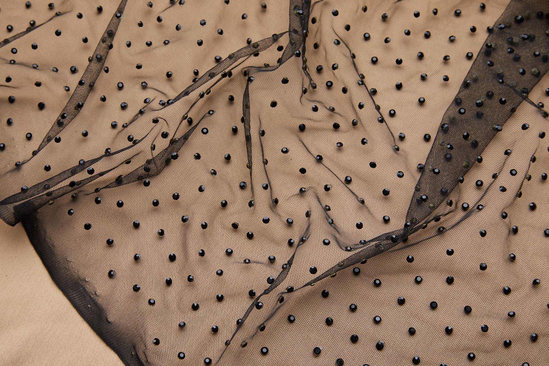 Faceted Black Crystals on Black Nylon Tulle fabric, image 2 of 9