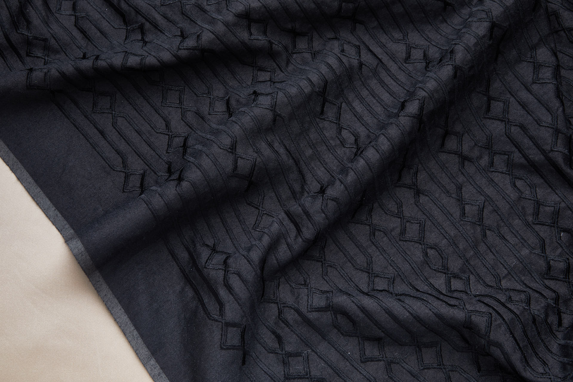 Black Geometric Embroidery on Black Silk Tassar fabric, image 4 of 9