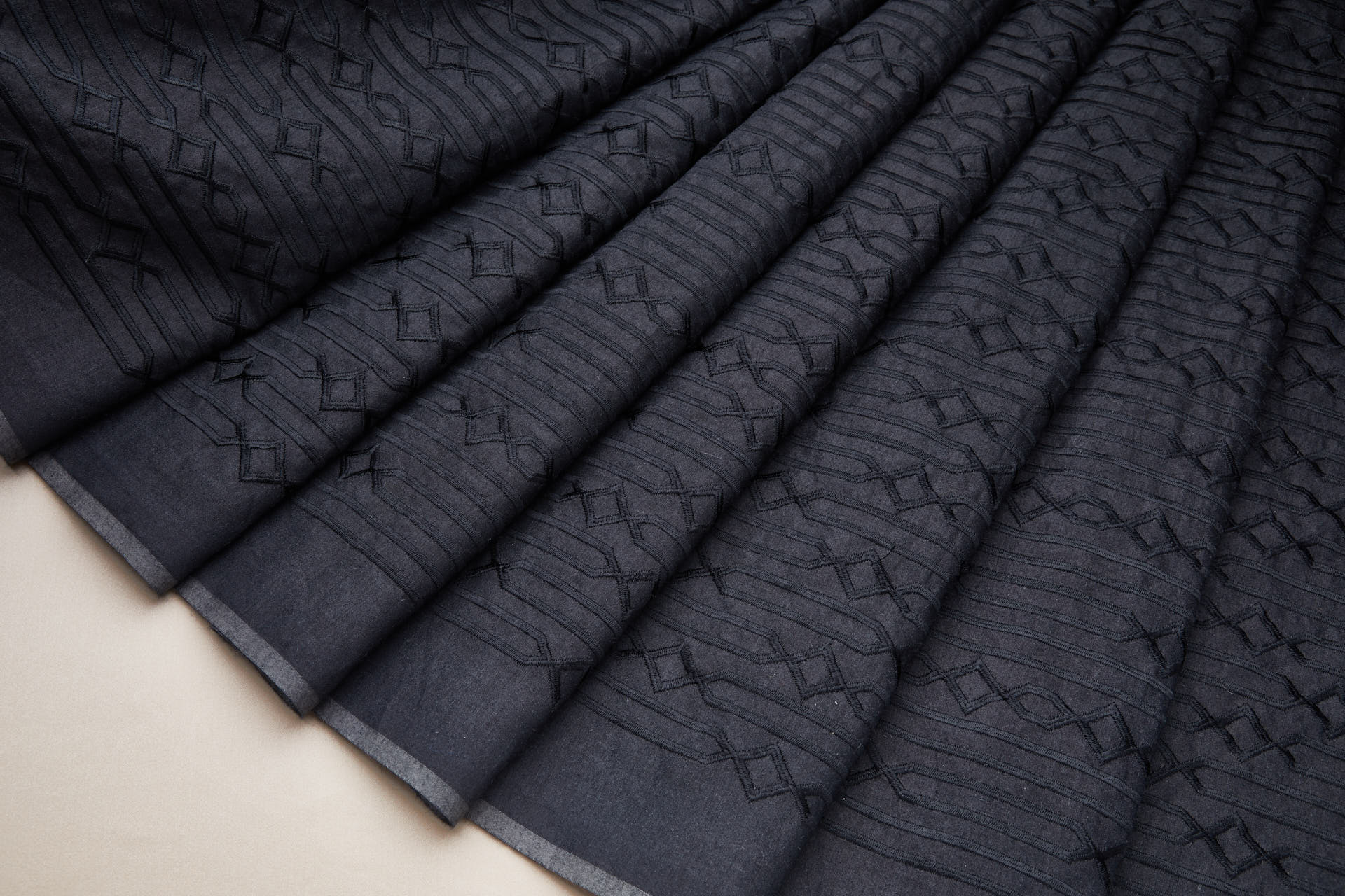 Black Geometric Embroidery on Black Silk Tassar fabric
