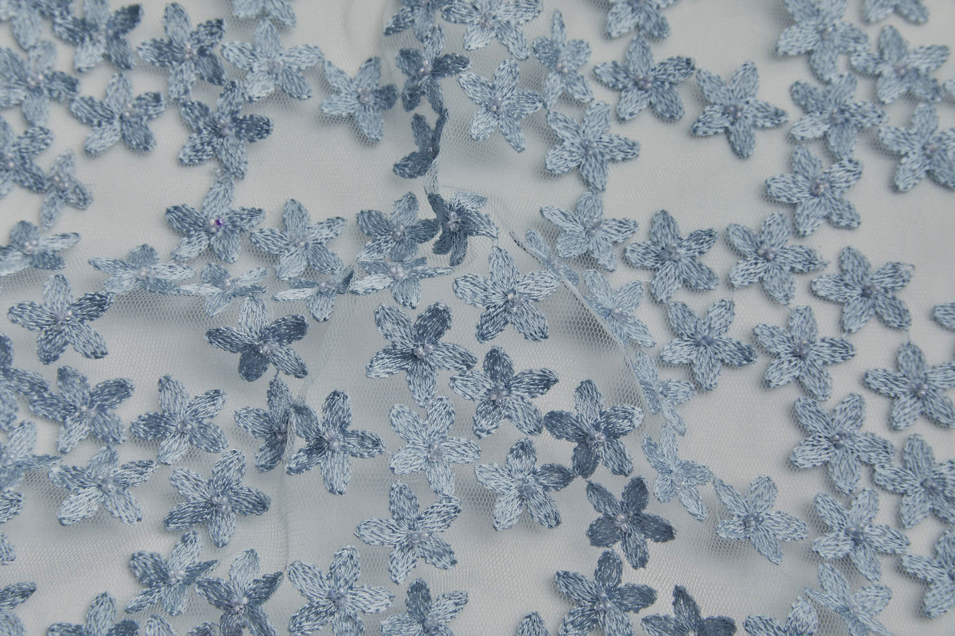 Beaded and Embroidered Flowers on Tulle - New Pale Blue fabric, image 4 of 6