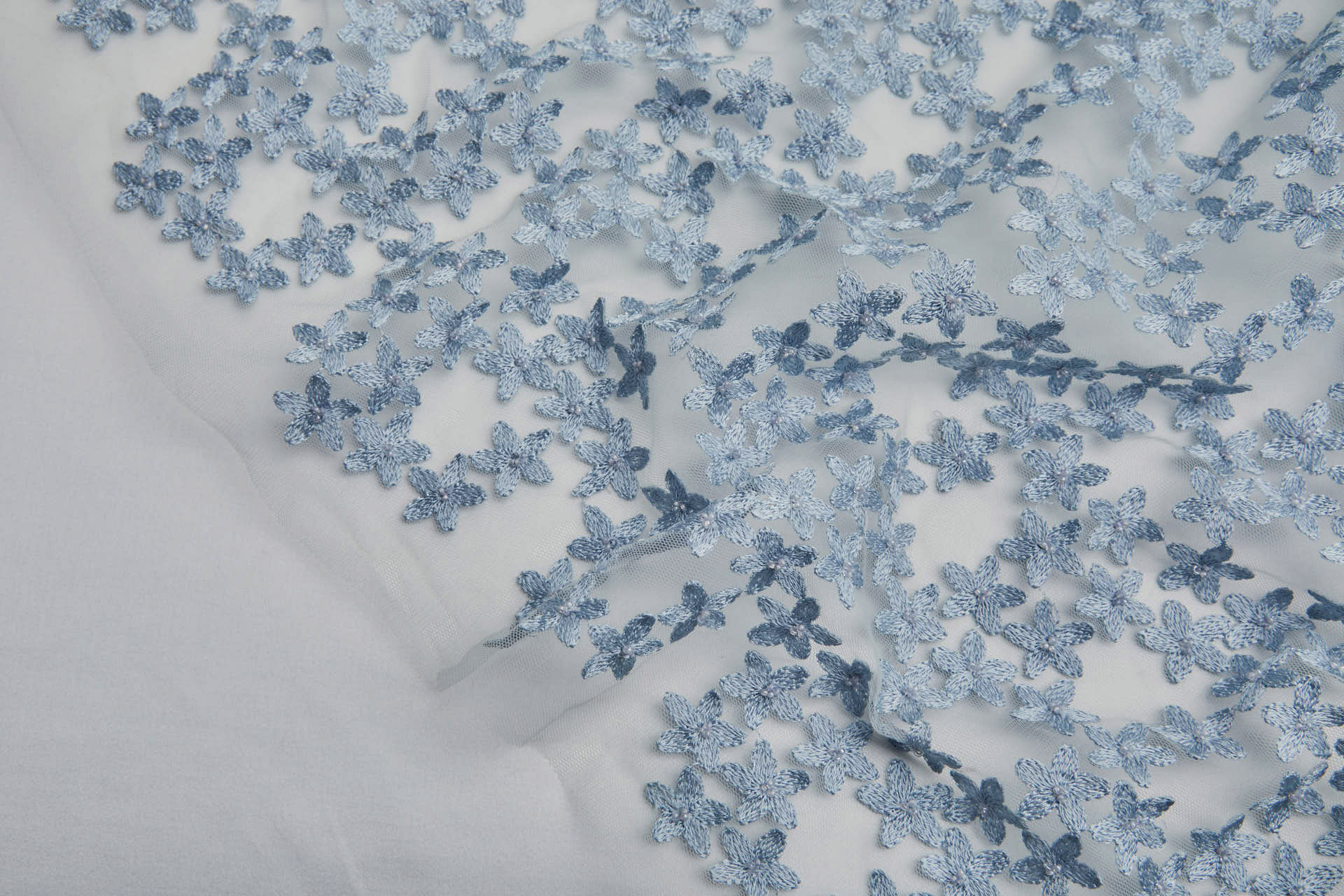 Beaded and Embroidered Flowers on Tulle - New Pale Blue fabric