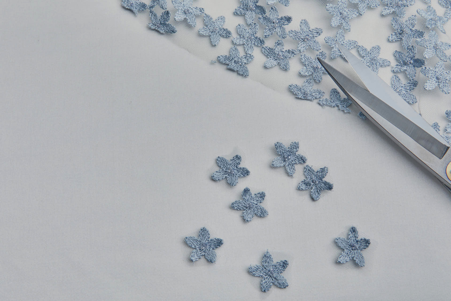 Beaded and Embroidered Flowers on Tulle - New Pale Blue fabric, image 3 of 6