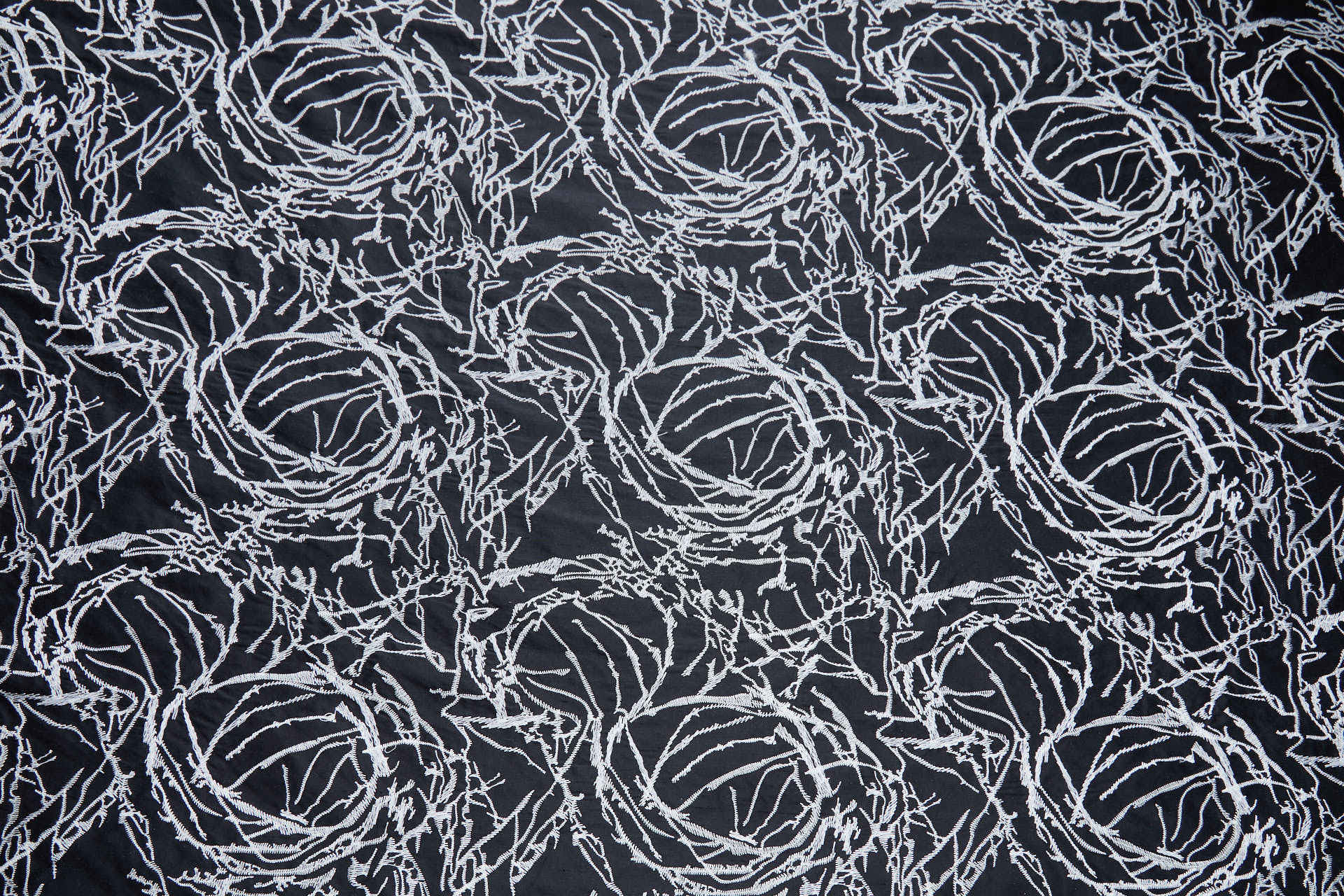 Off White Abstract Tumbleweed Embroidery on Black Silk Dupion fabric, image 7 of 8