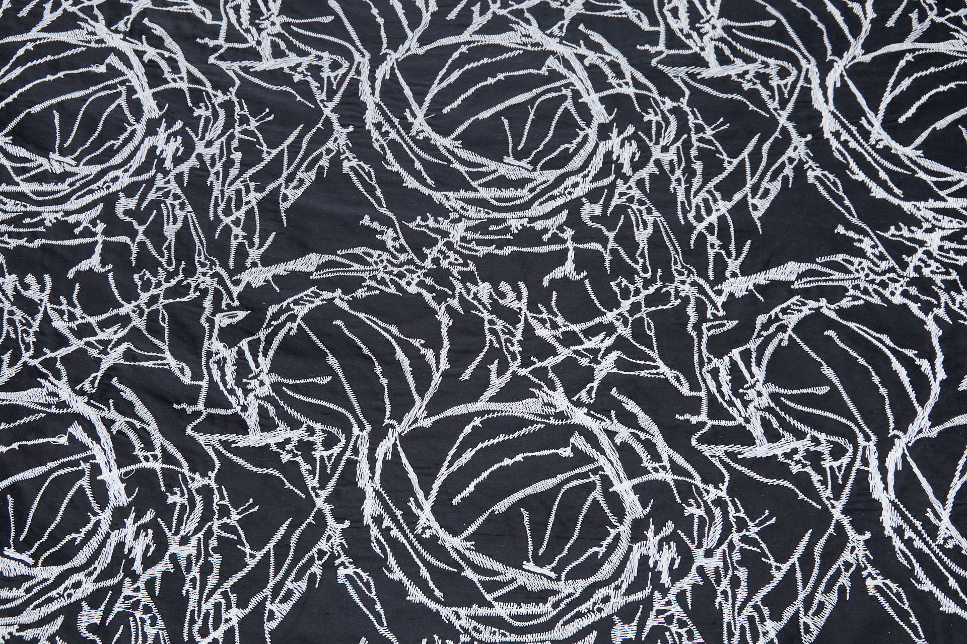 Off White Abstract Tumbleweed Embroidery on Black Silk Dupion fabric, image 6 of 8