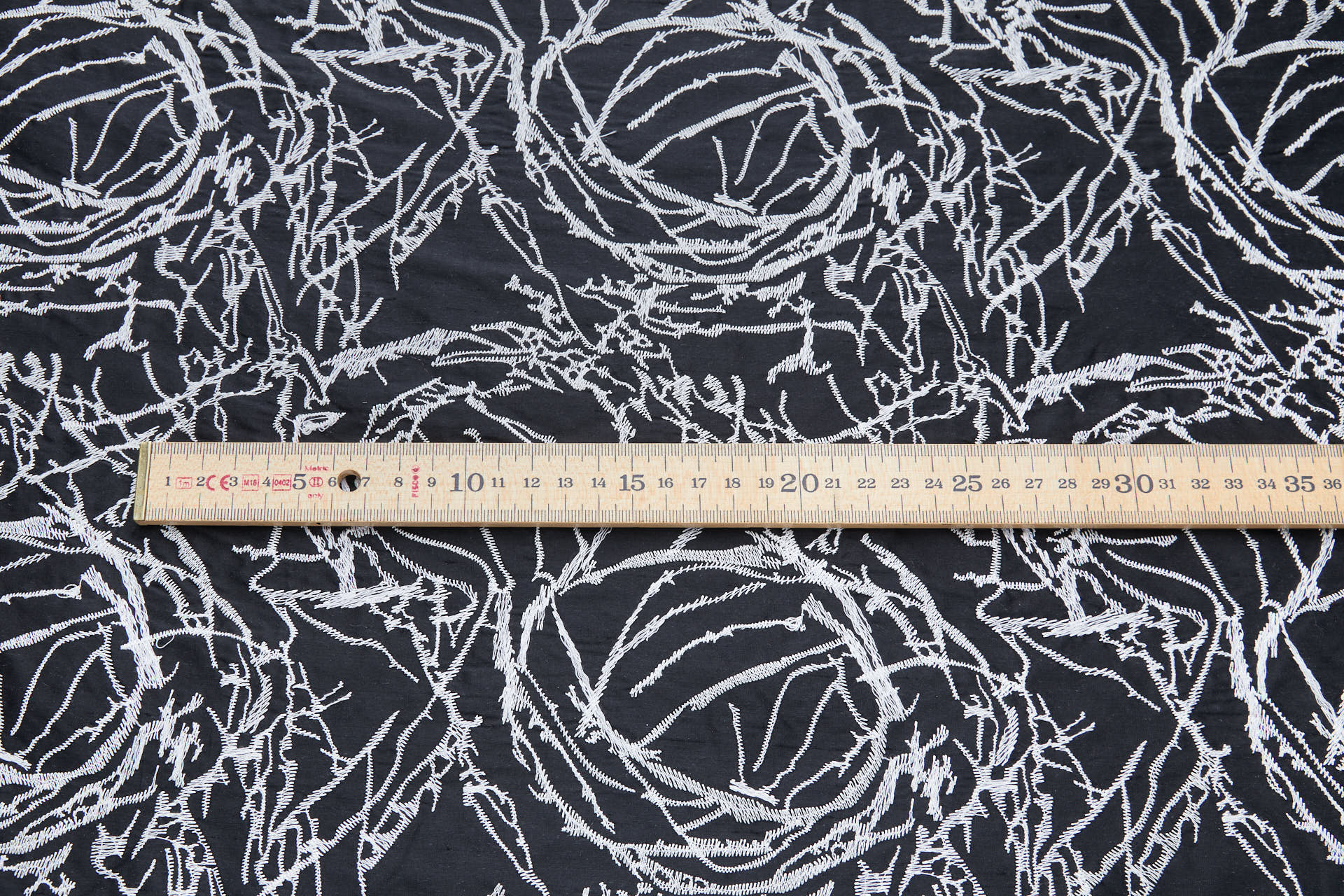 Off White Abstract Tumbleweed Embroidery on Black Silk Dupion fabric, image 5 of 8