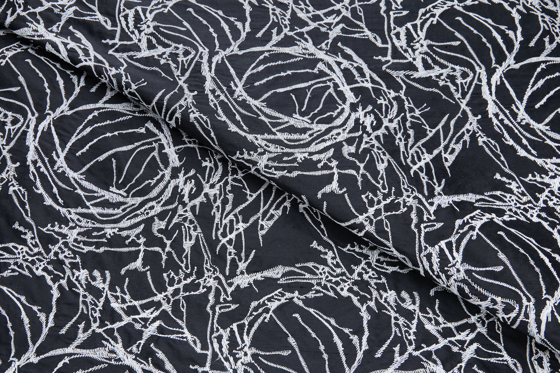 Off White Abstract Tumbleweed Embroidery on Black Silk Dupion fabric, image 3 of 8