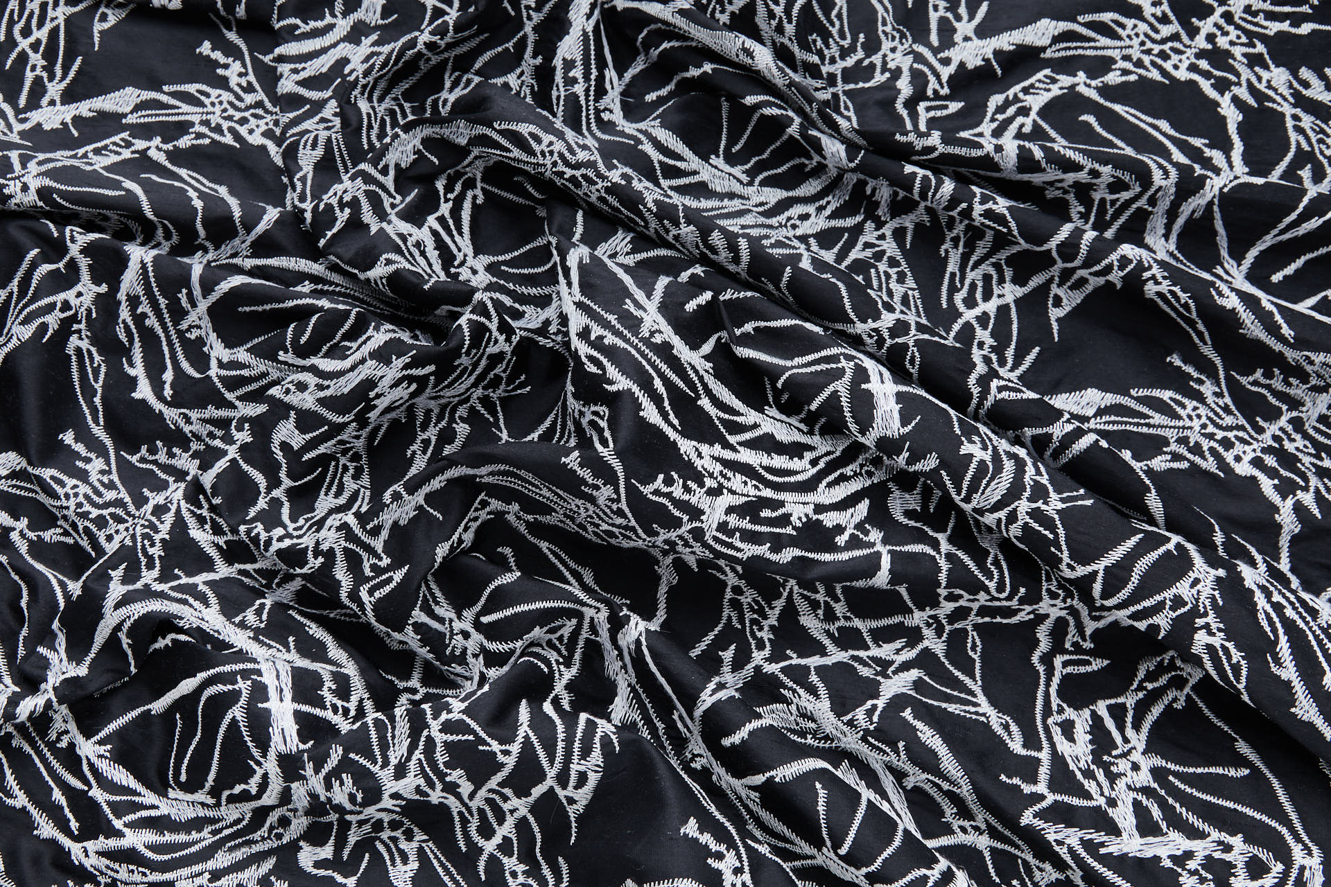 Off White Abstract Tumbleweed Embroidery on Black Silk Dupion fabric, image 4 of 8