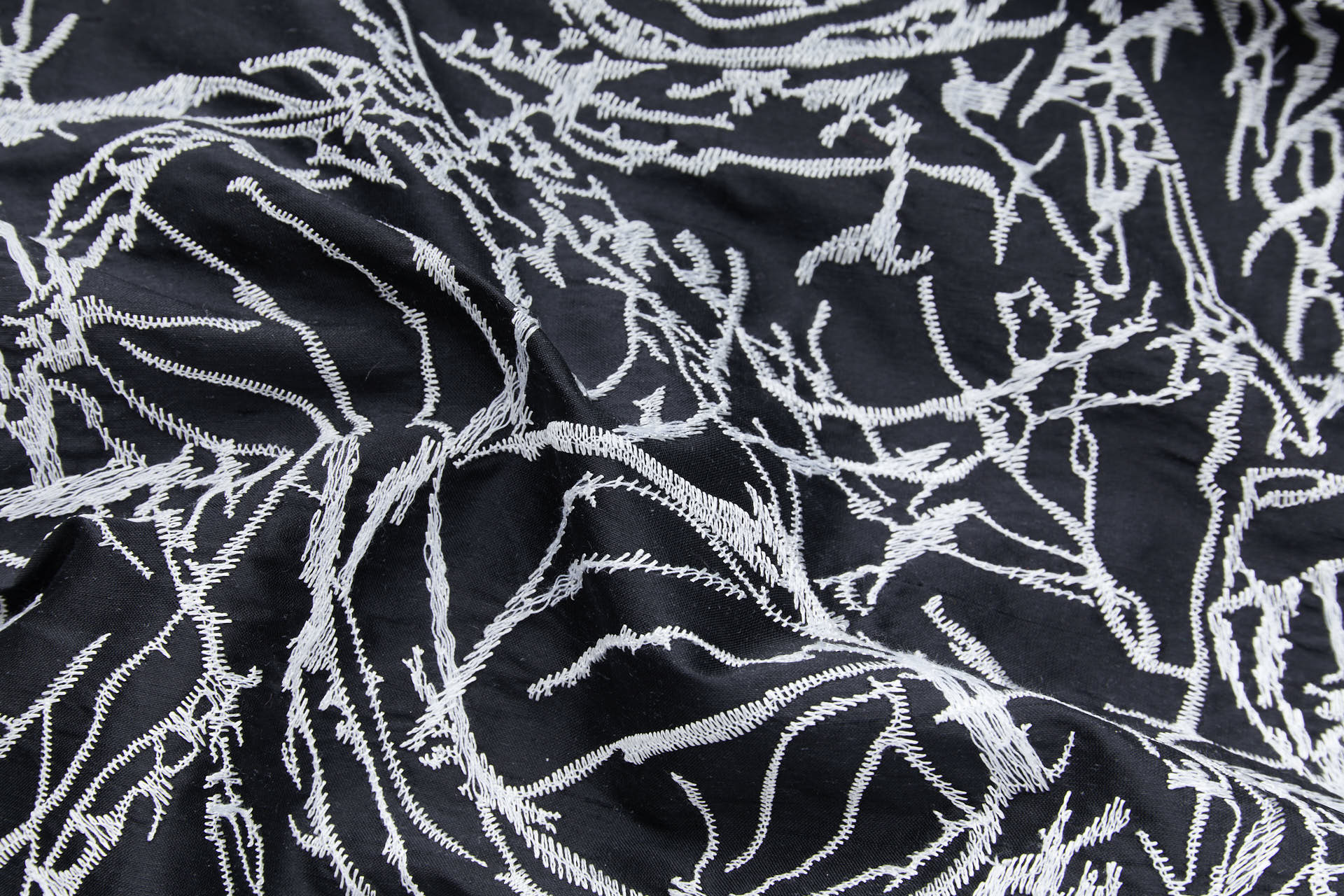 Off White Abstract Tumbleweed Embroidery on Black Silk Dupion fabric, image 2 of 8