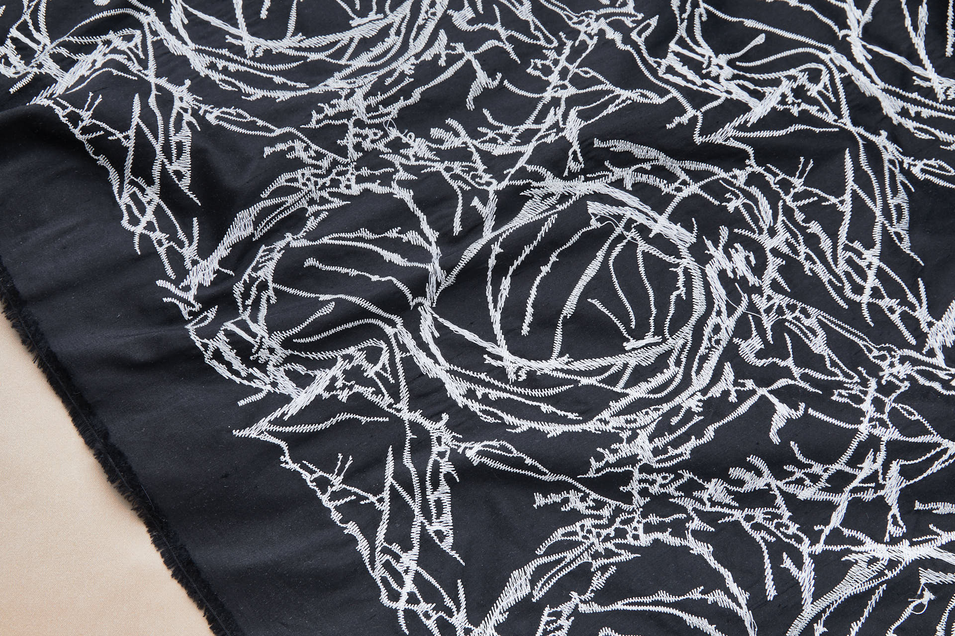 Off White Abstract Tumbleweed Embroidery on Black Silk Dupion fabric, image 8 of 8