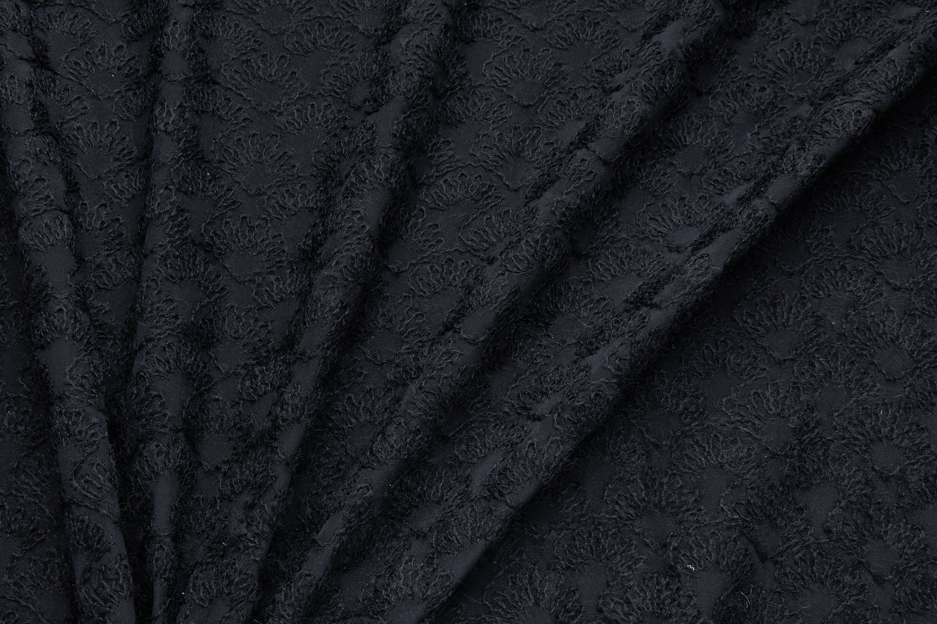 Black Mohair Wool Abstract Embroidery on Black Silk Crepe fabric, image 3 of 8