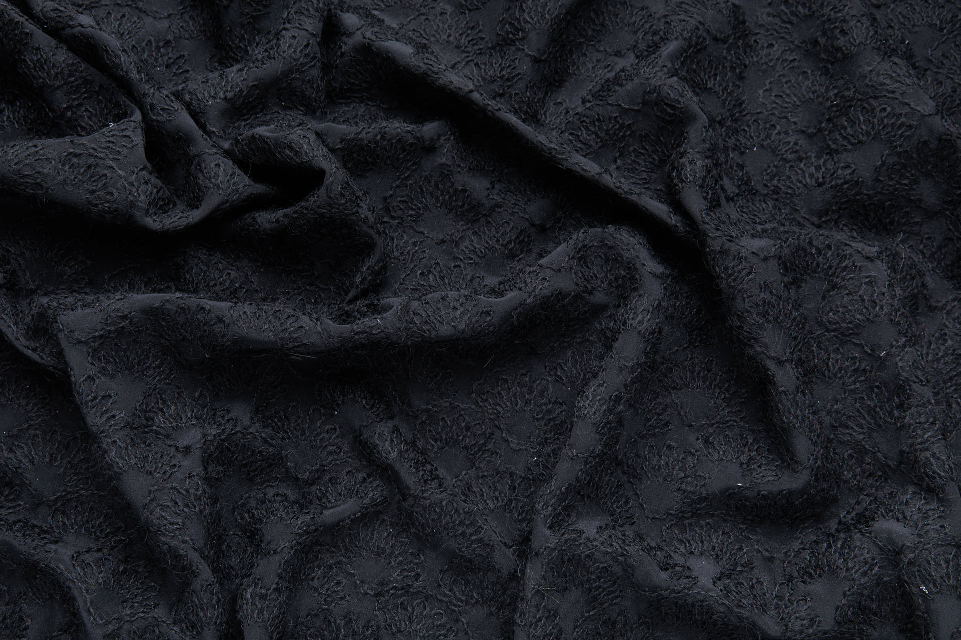 Black Mohair Wool Abstract Embroidery on Black Silk Crepe fabric, image 5 of 8