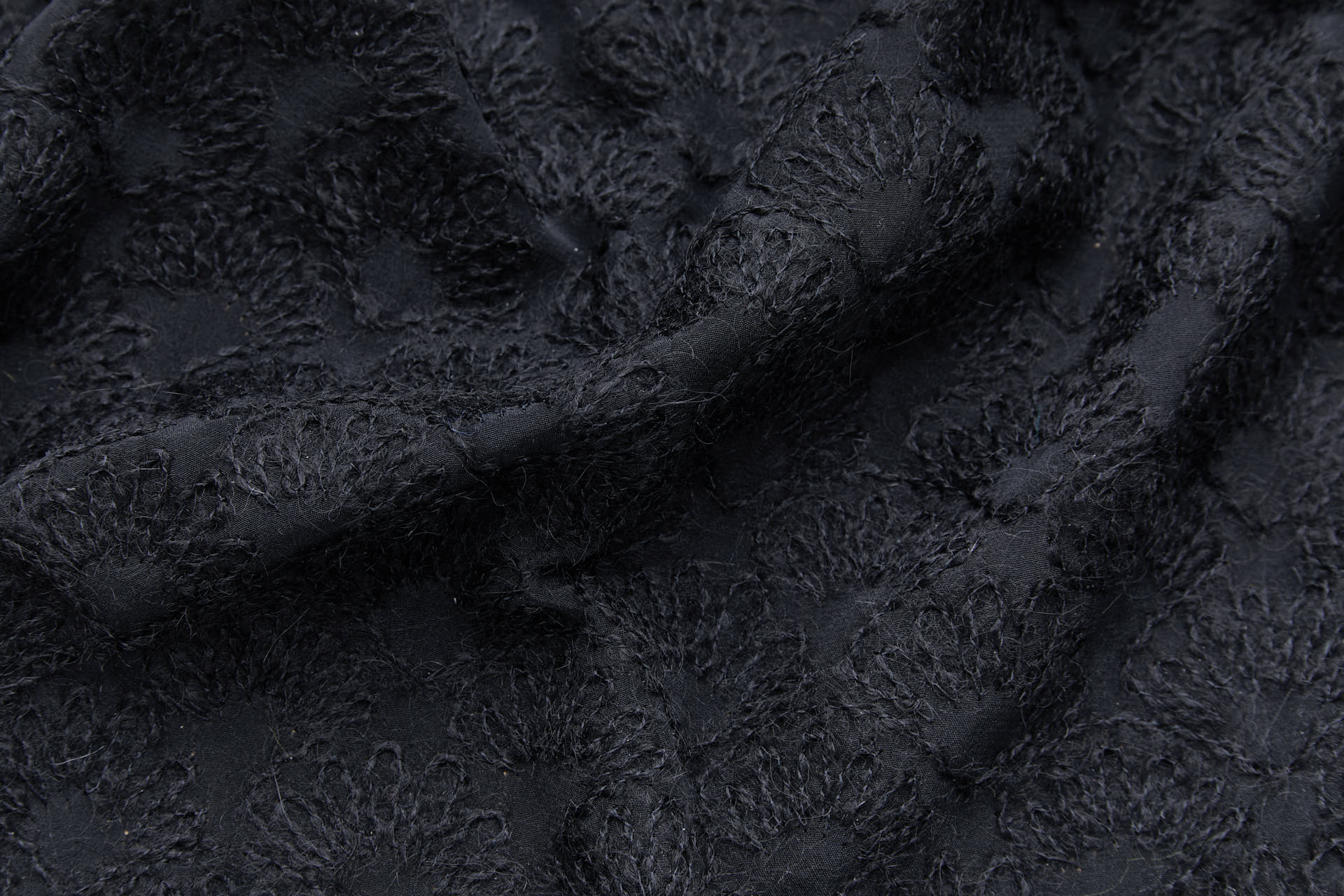 Black Mohair Wool Abstract Embroidery on Black Silk Crepe fabric, image 2 of 8