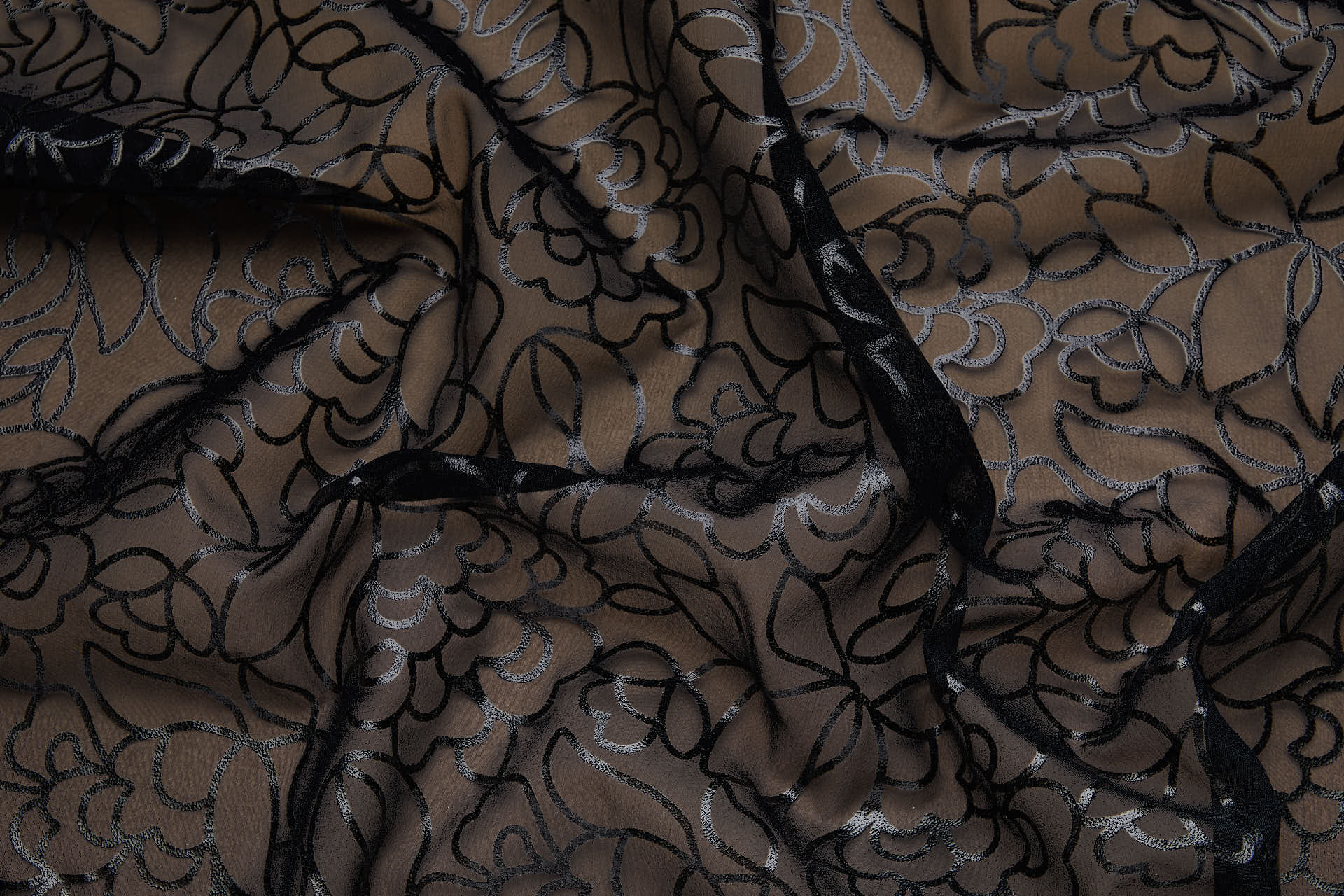 Glossy and Graphic Floral Foil Print on Silk Chiffon - Black fabric, image 4 of 9