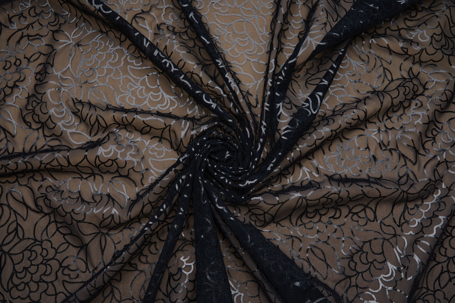 Glossy and Graphic Floral Foil Print on Silk Chiffon - Black fabric, image 8 of 9