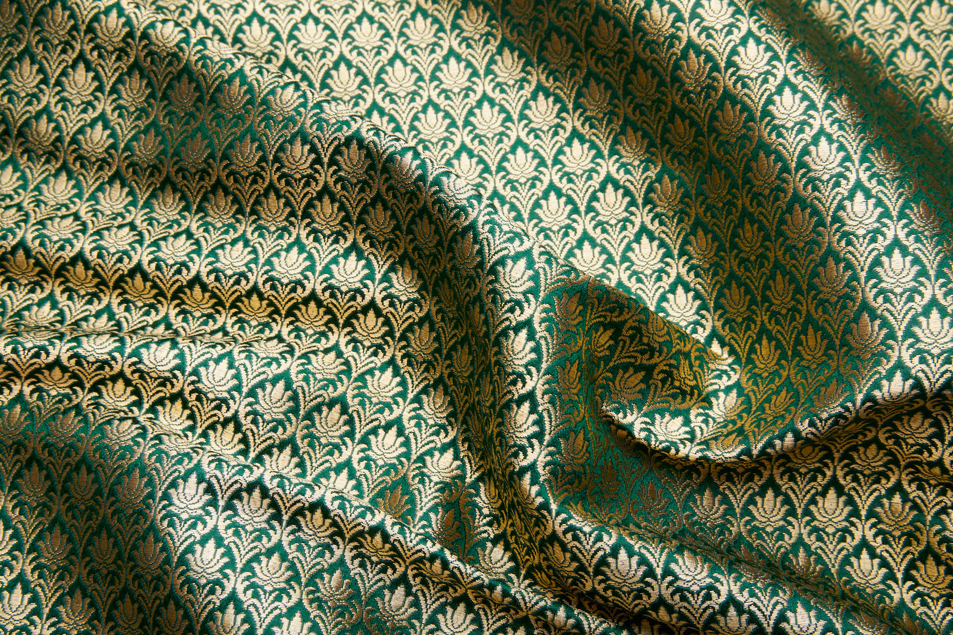 "Lotus Flower" Banaras Brocade - Green & Metallic Gold fabric, image 2 of 10