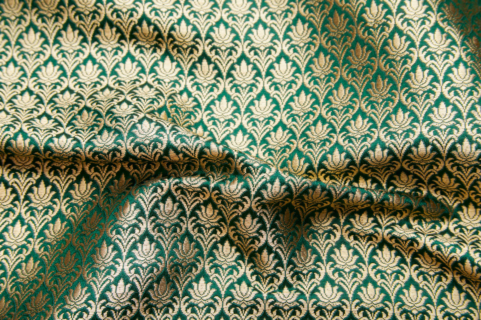 "Lotus Flower" Banaras Brocade - Green & Metallic Gold fabric