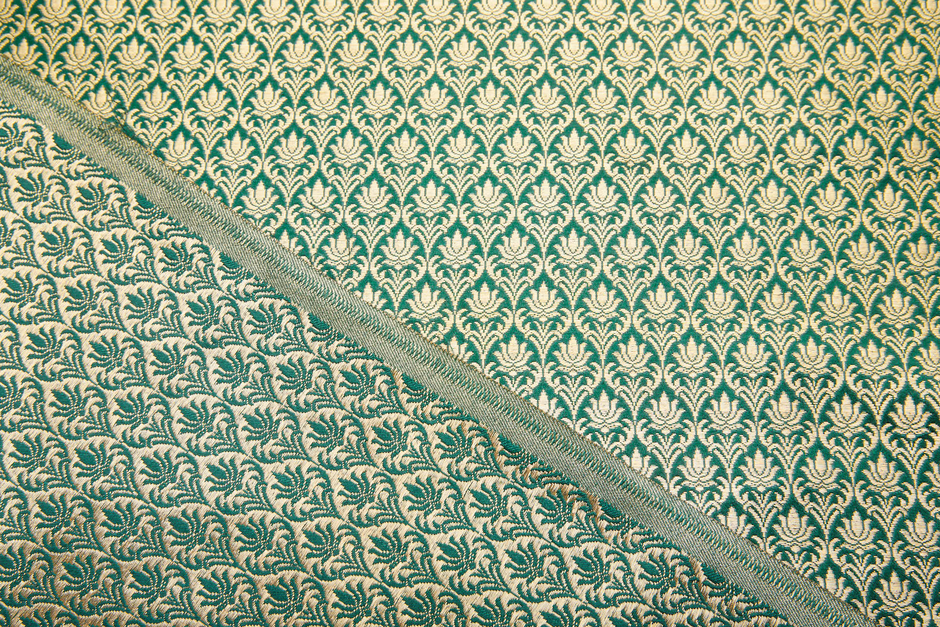 "Lotus Flower" Banaras Brocade - Green & Metallic Gold fabric, image 3 of 10