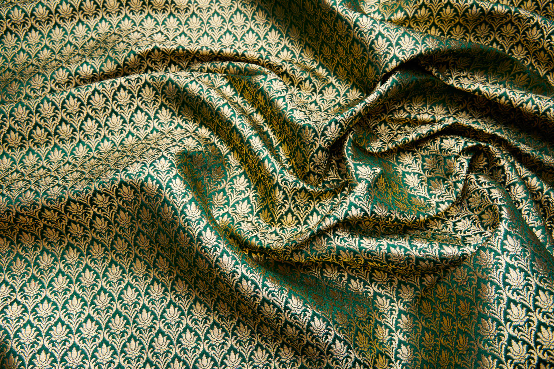"Lotus Flower" Banaras Brocade - Green & Metallic Gold fabric, image 5 of 10