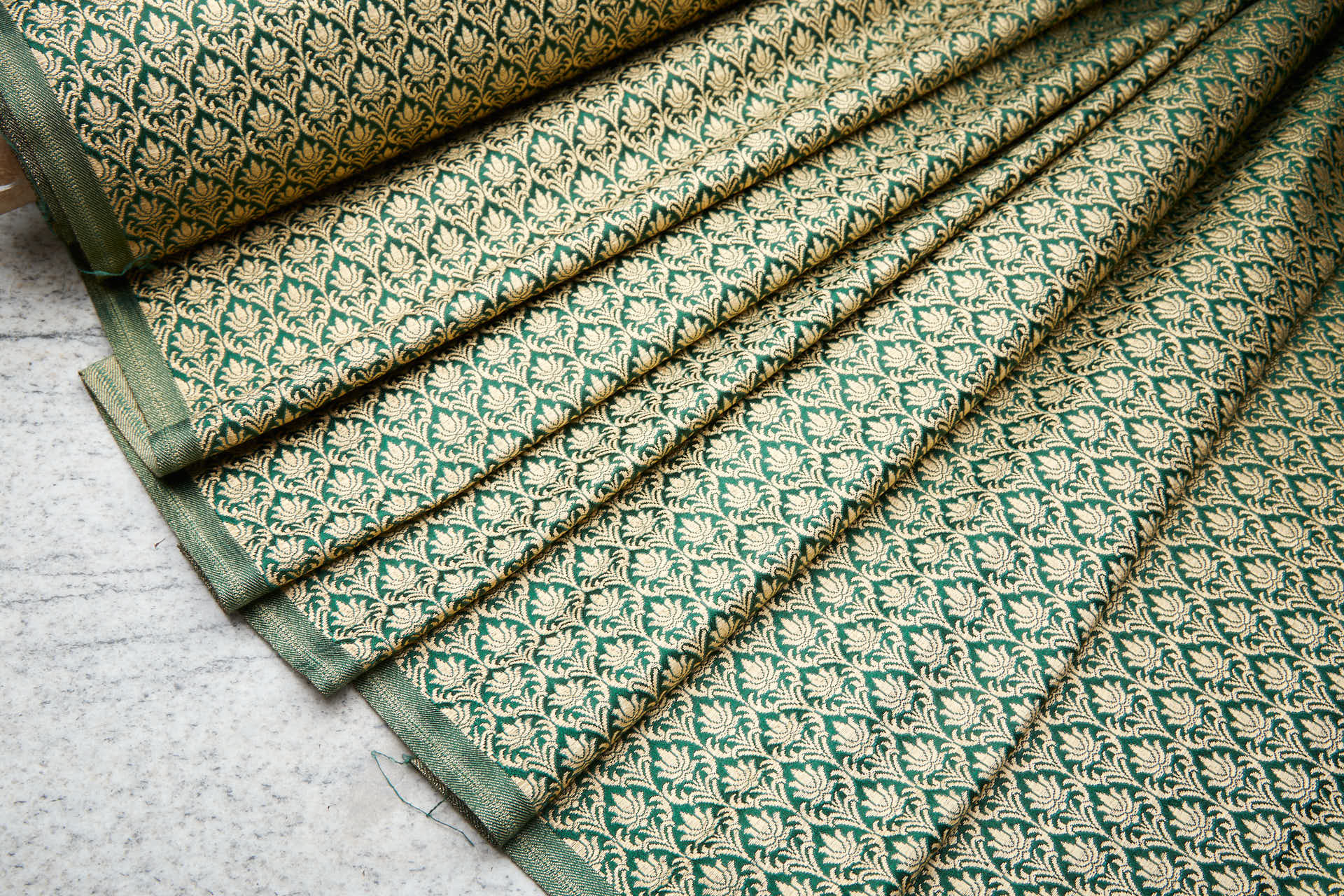 "Lotus Flower" Banaras Brocade - Green & Metallic Gold fabric, image 6 of 10