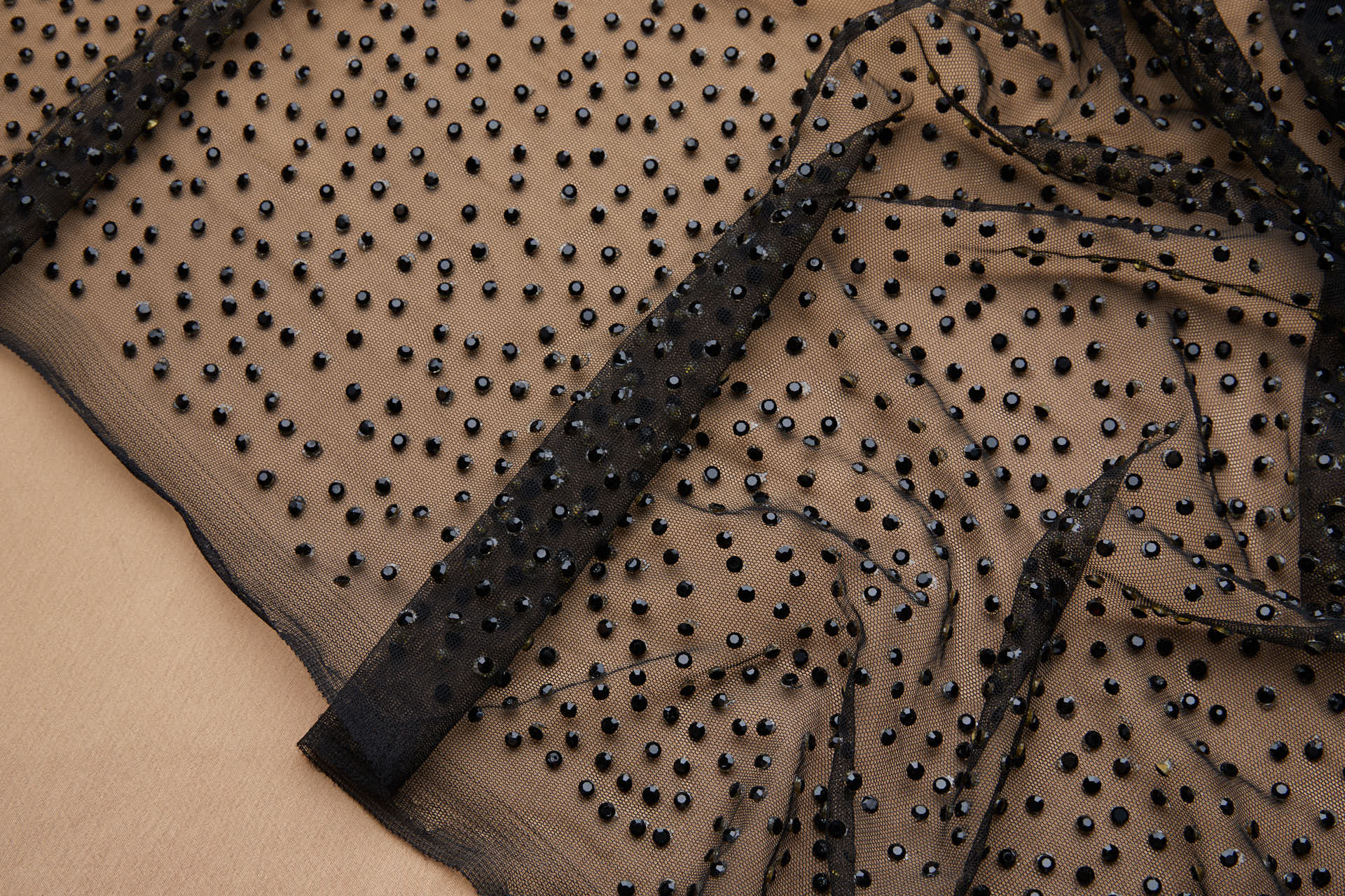 Faceted Black Crystals on Black Nylon Tulle - Dense fabric, image 2 of 9