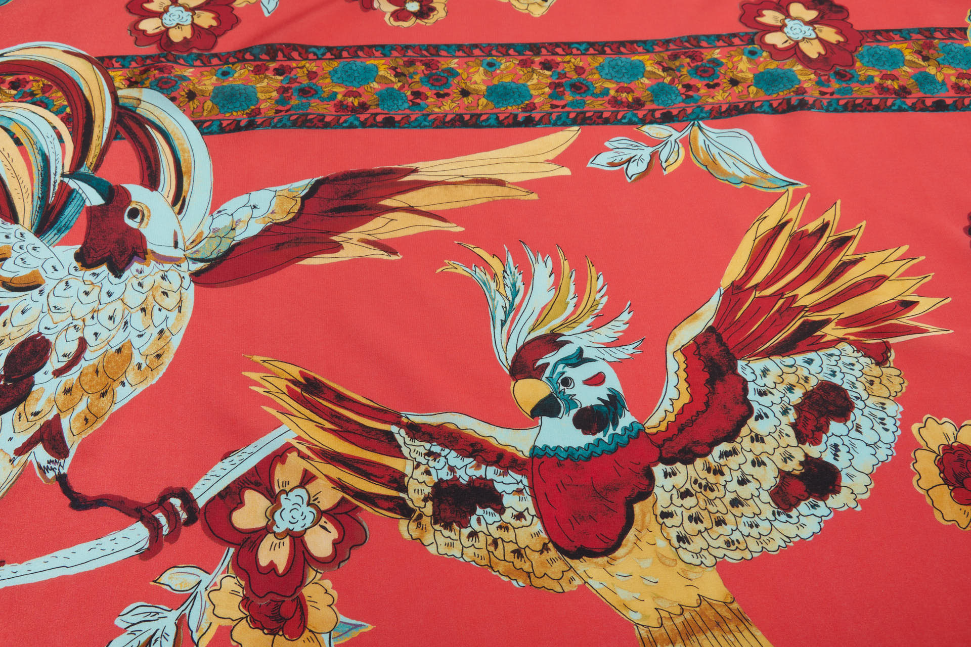 Tropical Birds and Flowers Printed Crepe de Chine - Coral Red, Teal and Yellow fabric, image 11 of 11