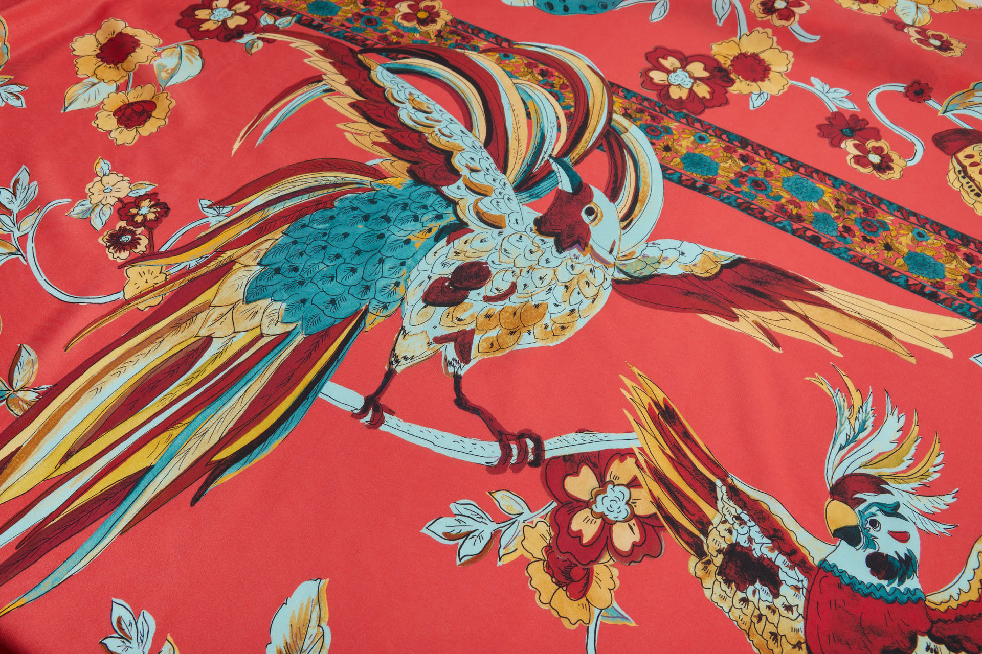 Tropical Birds and Flowers Printed Crepe de Chine - Coral Red, Teal and Yellow fabric, image 2 of 11
