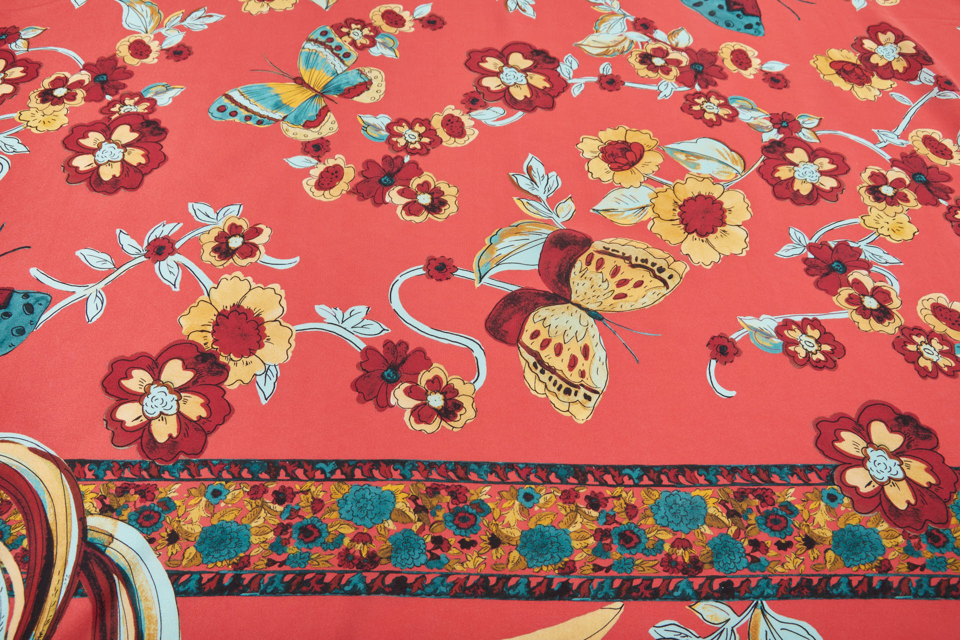 Tropical Birds and Flowers Printed Crepe de Chine - Coral Red, Teal and Yellow fabric, image 3 of 11