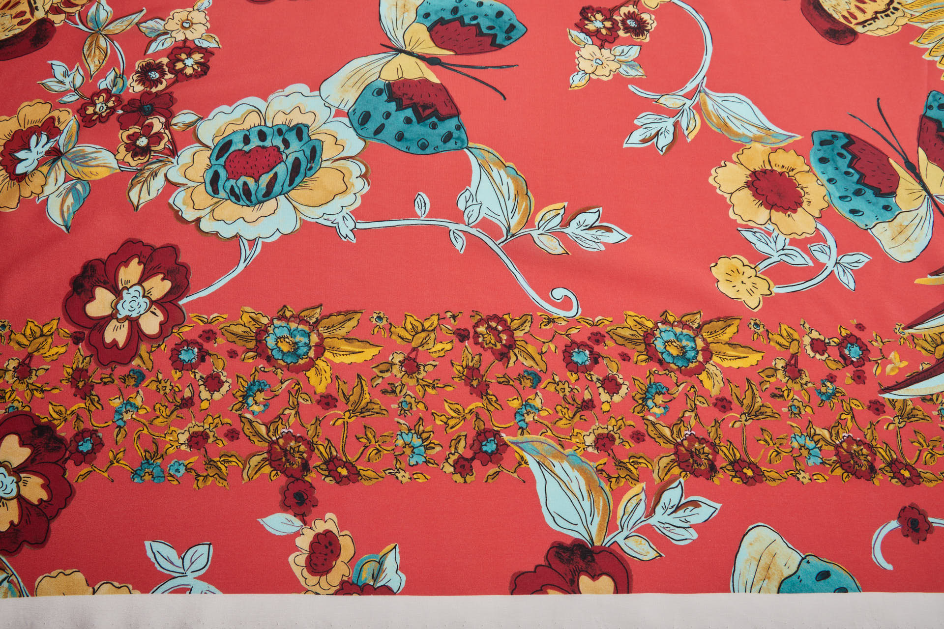 Tropical Birds and Flowers Printed Crepe de Chine - Coral Red, Teal and Yellow fabric, image 4 of 11