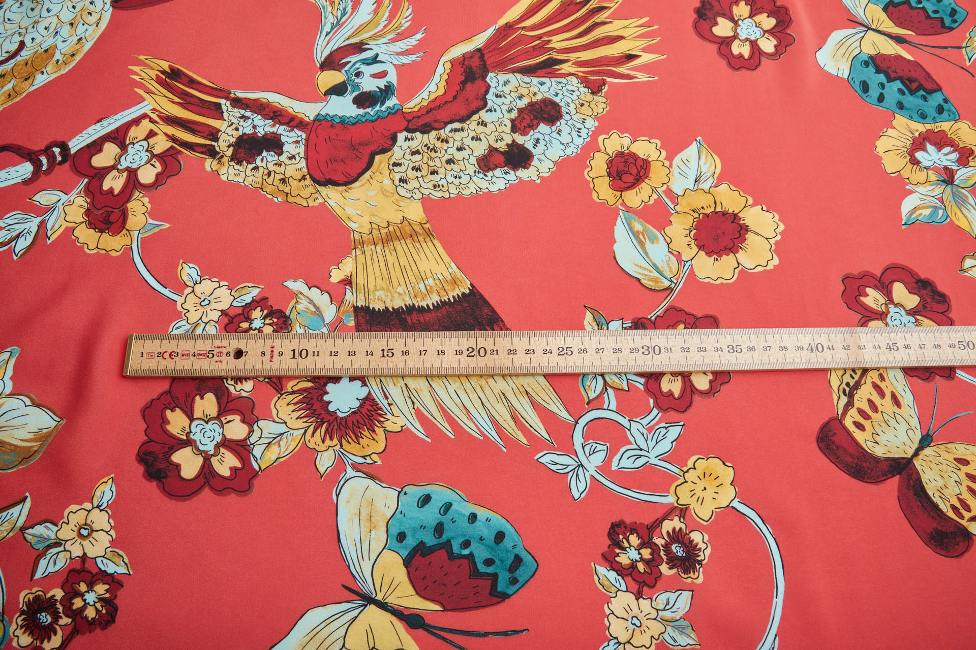 Tropical Birds and Flowers Printed Crepe de Chine - Coral Red, Teal and Yellow fabric, image 5 of 11