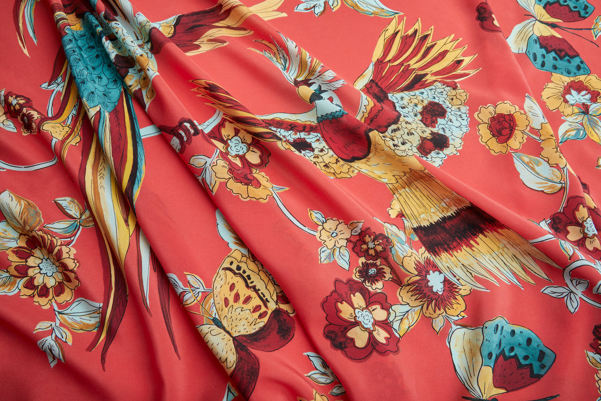 Tropical Birds and Flowers Printed Crepe de Chine - Coral Red, Teal and Yellow fabric, image 6 of 11