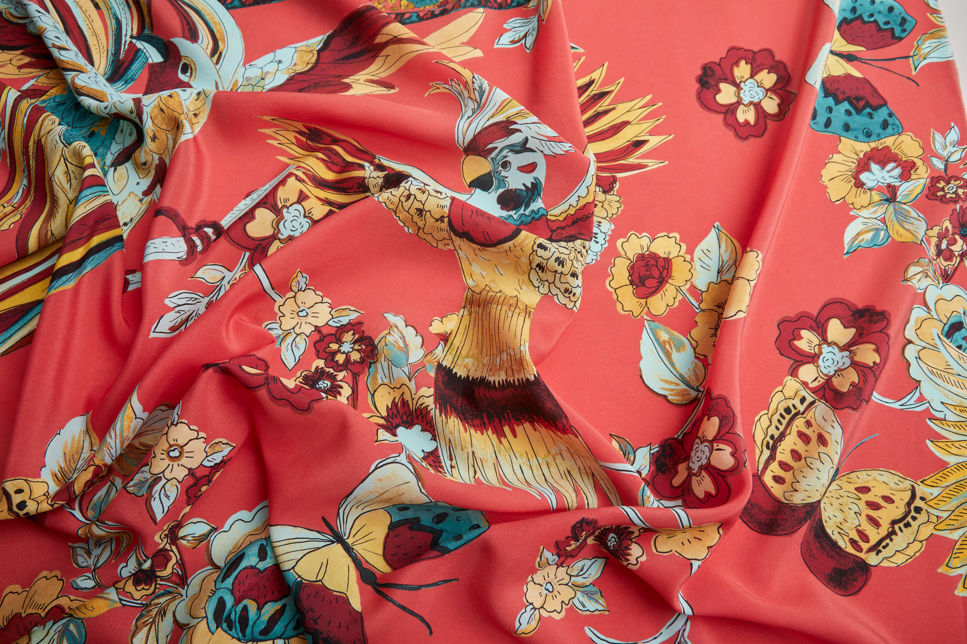 Tropical Birds and Flowers Printed Crepe de Chine - Coral Red, Teal and Yellow fabric, image 7 of 11