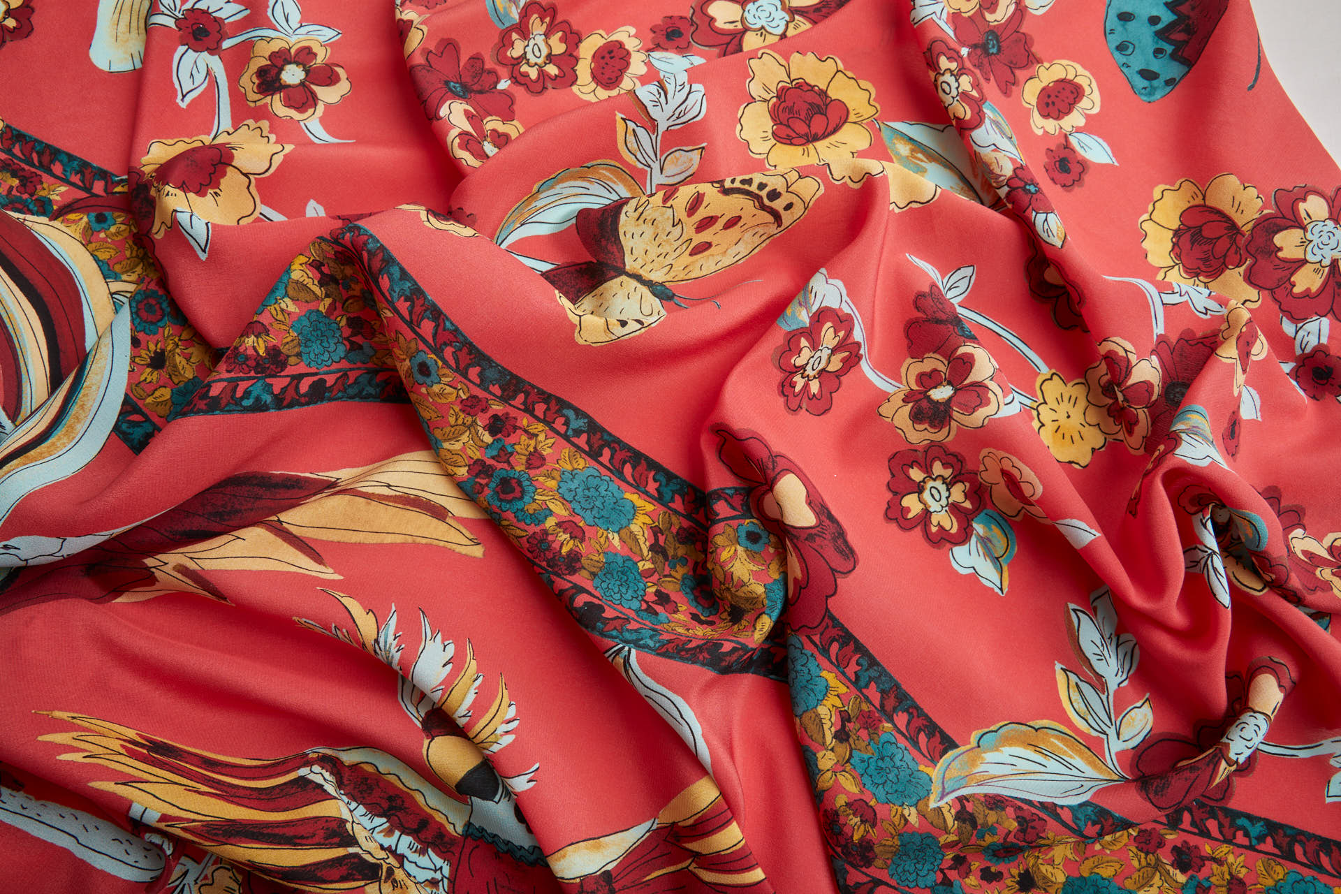 Tropical Birds and Flowers Printed Crepe de Chine - Coral Red, Teal and Yellow fabric, image 8 of 11