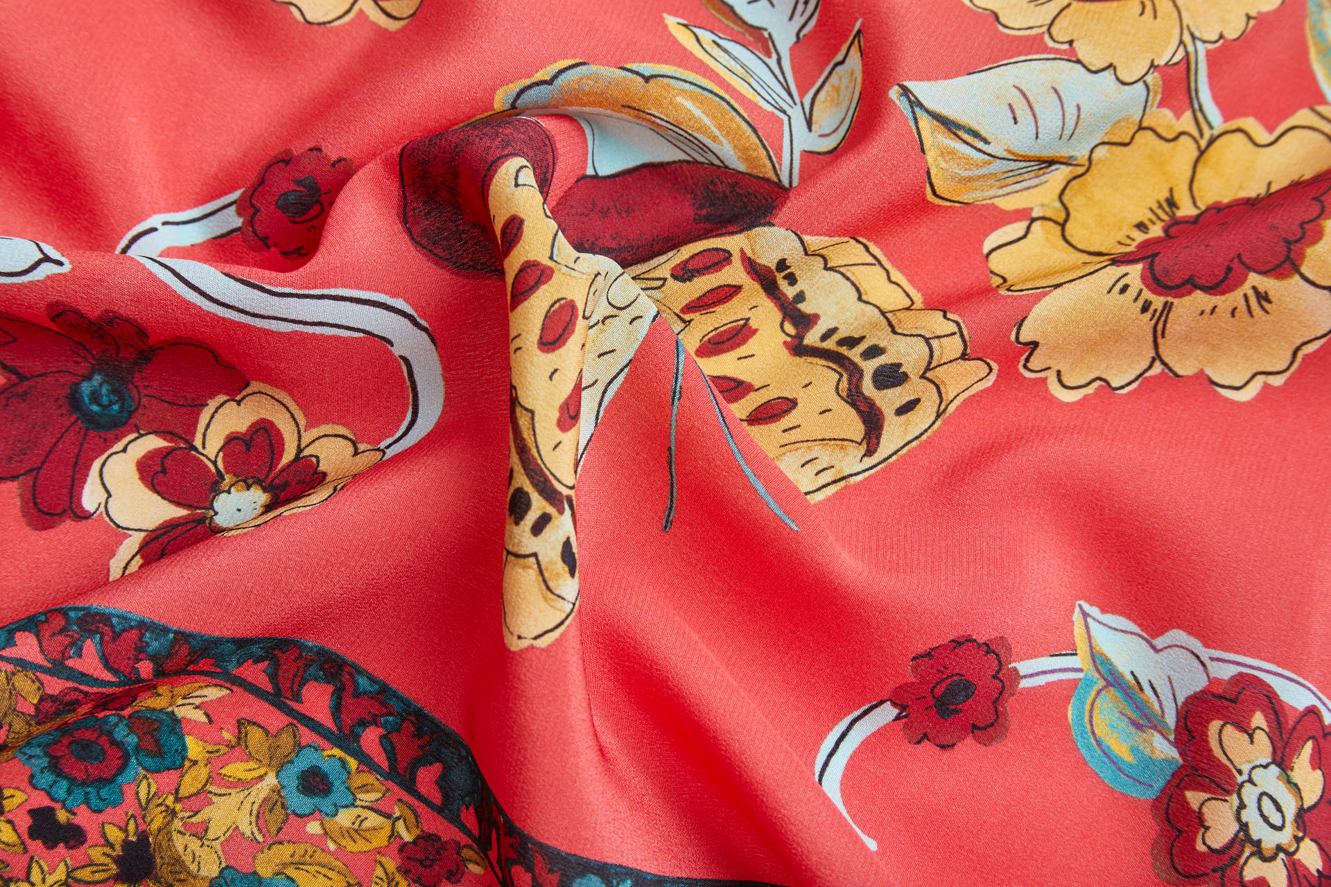 Tropical Birds and Flowers Printed Crepe de Chine - Coral Red, Teal and Yellow fabric, image 9 of 11