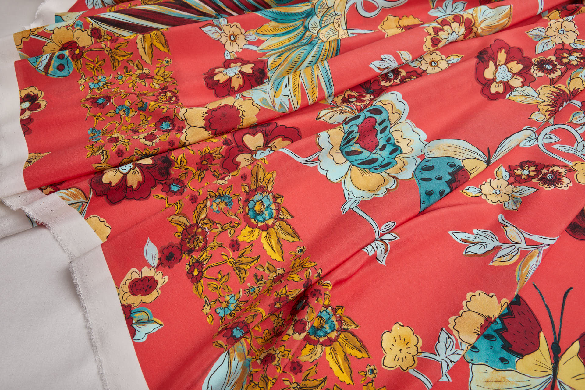 Tropical Birds and Flowers Printed Crepe de Chine - Coral Red, Teal and Yellow fabric, image 10 of 11
